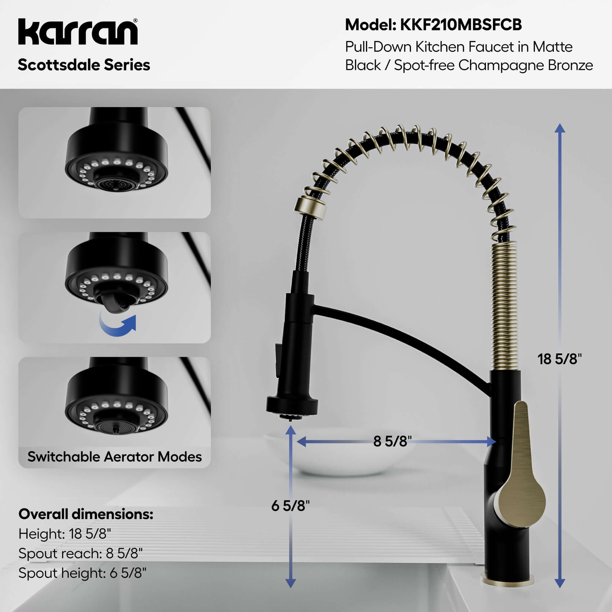 Alternative View of Karran Scottsdale 1.8 GPM Single Lever Handle Lead-free Brass ADA Kitchen Faucet, Pull-Down, Matte Black & Spot-Free Champagne Bronze, KKF210MBSFCB