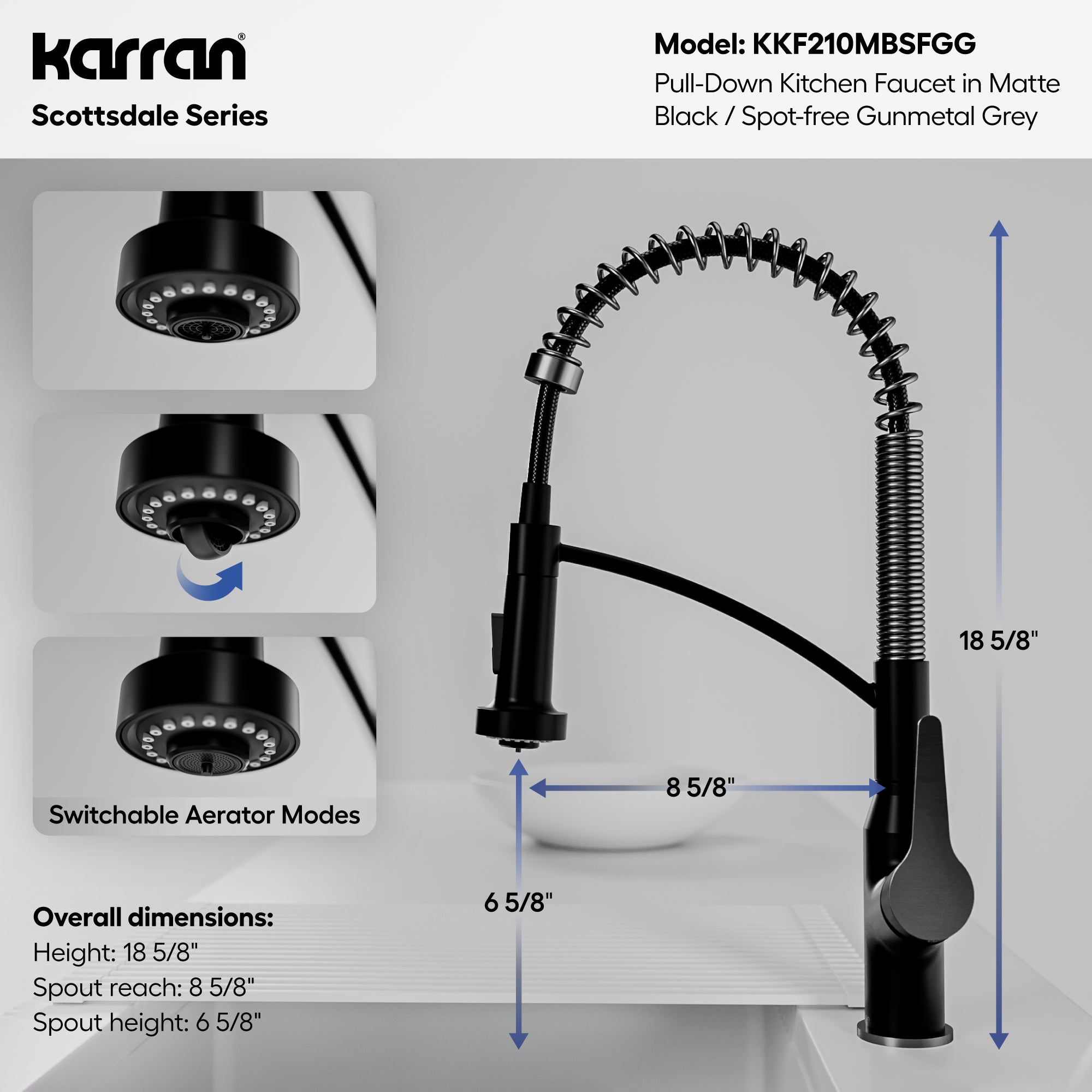Alternative View of Karran Scottsdale 1.8 GPM Single Lever Handle Lead-free Brass ADA Kitchen Faucet, Pull-Down, Matte Black & Spot-Free Gunmetal Grey, KKF210MBSFGG