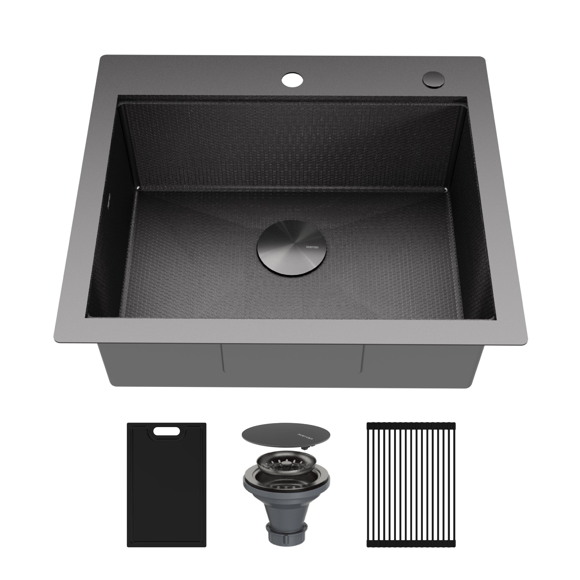 Karran Matrix 25" Drop In/Topmount Stainless Steel Workstation Kitchen Sink with Accessories, Gunmetal Grey, 16 Gauge, HST2522SBGG