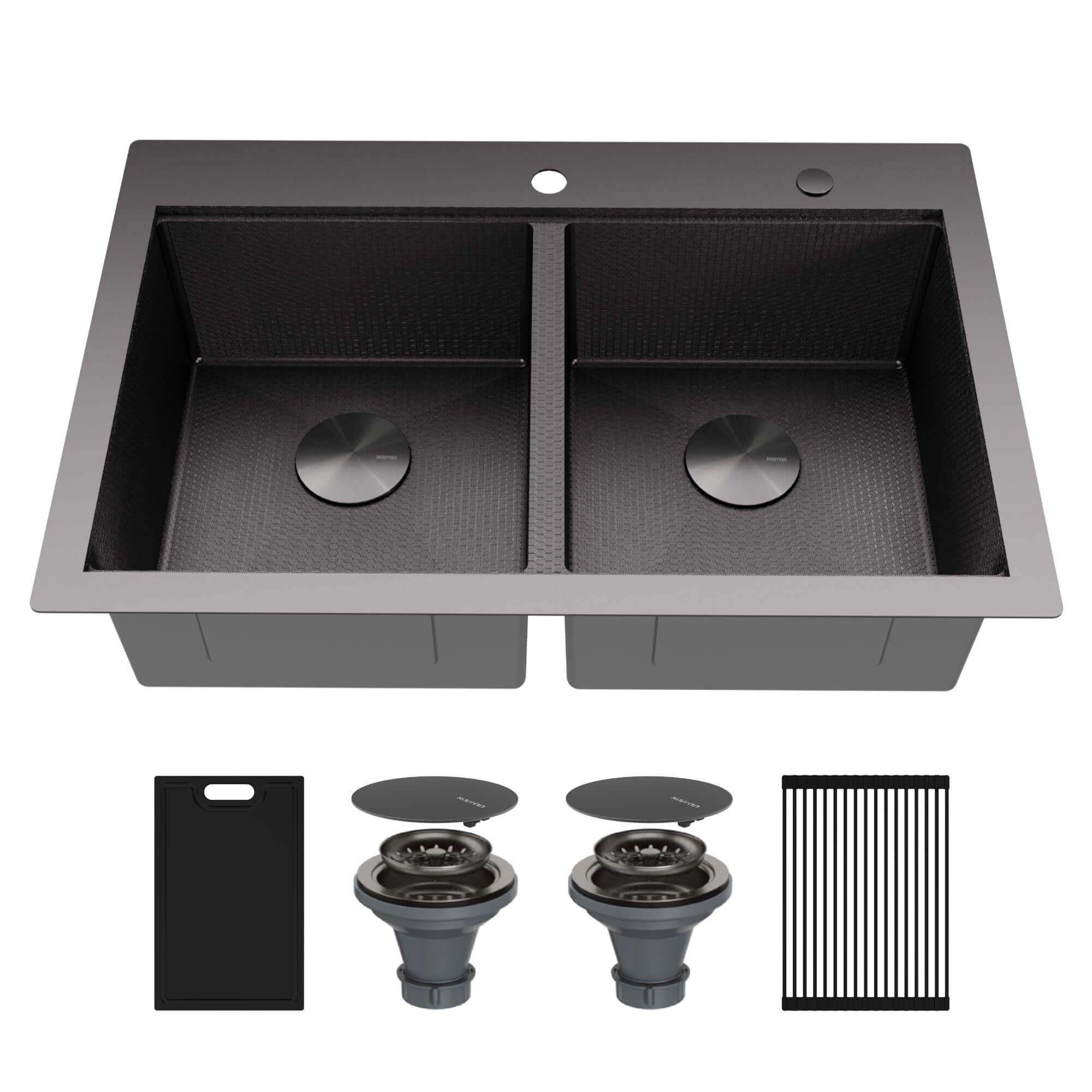 Alternate Image for Karran Matrix 33" Drop In/Topmount Stainless Steel Workstation Kitchen Sink with Accessories, 50/50 Double Bowl, Gunmetal Grey, 16 Gauge, HST3322DBGG