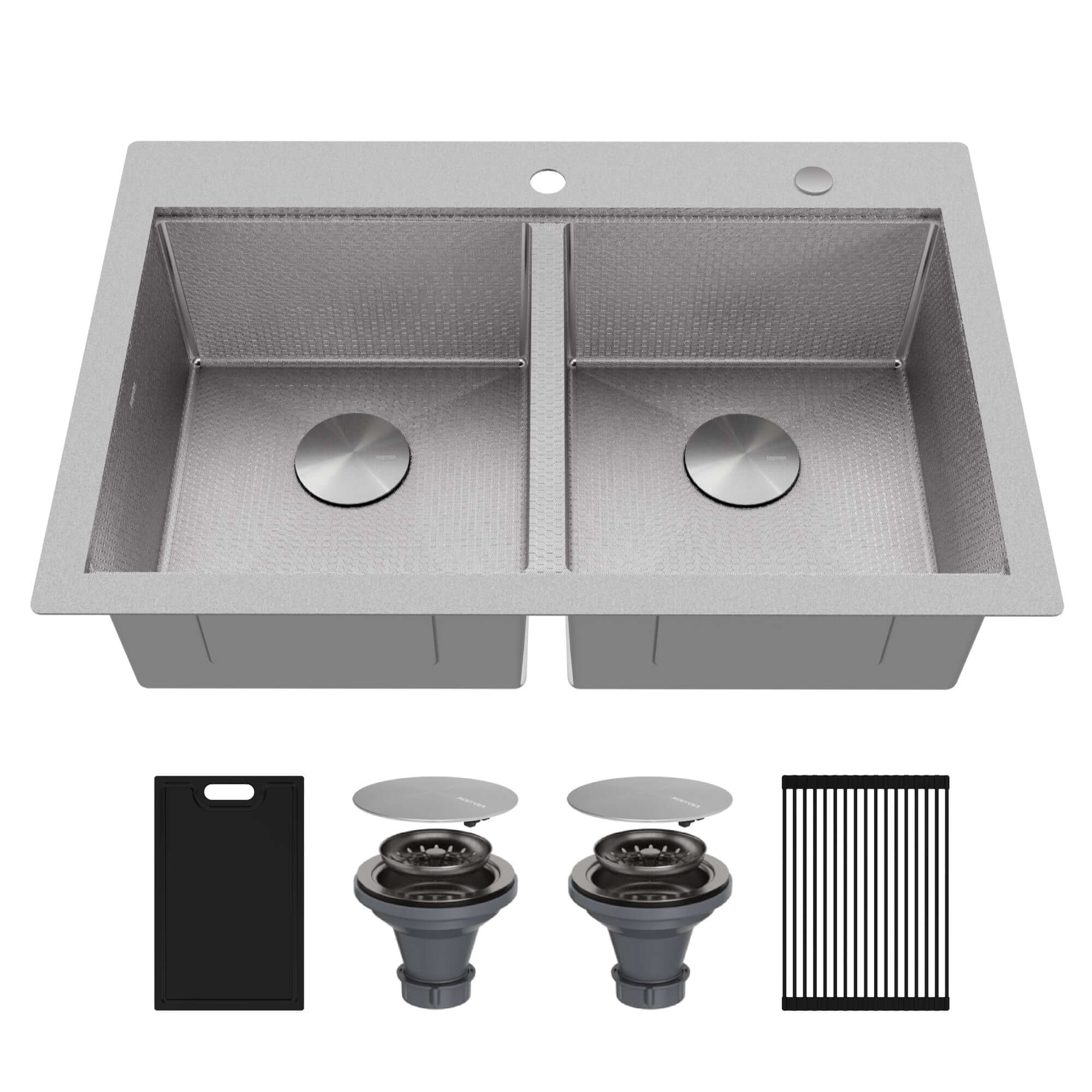 Alternate Image for Karran Matrix 33" Drop In/Topmount Stainless Steel Workstation Kitchen Sink with Accessories, 50/50 Double Bowl, 16 Gauge, HST3322DBSS