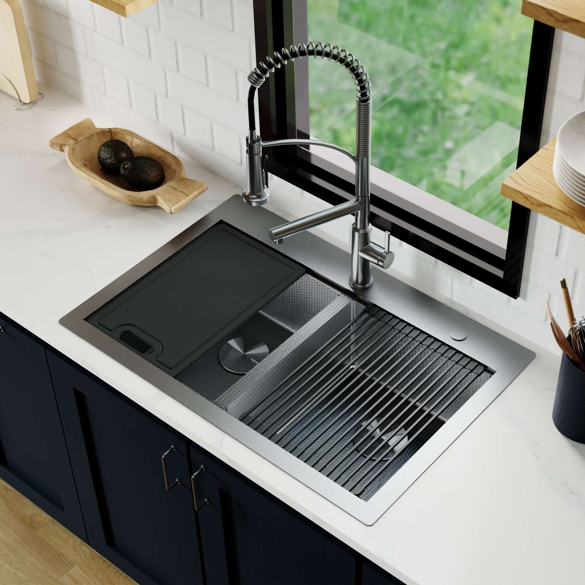 Alternate Image for Karran Matrix 33" Drop In/Topmount Stainless Steel Workstation Kitchen Sink with Accessories, 50/50 Double Bowl, Gunmetal Grey, 16 Gauge, HST3322DBGG