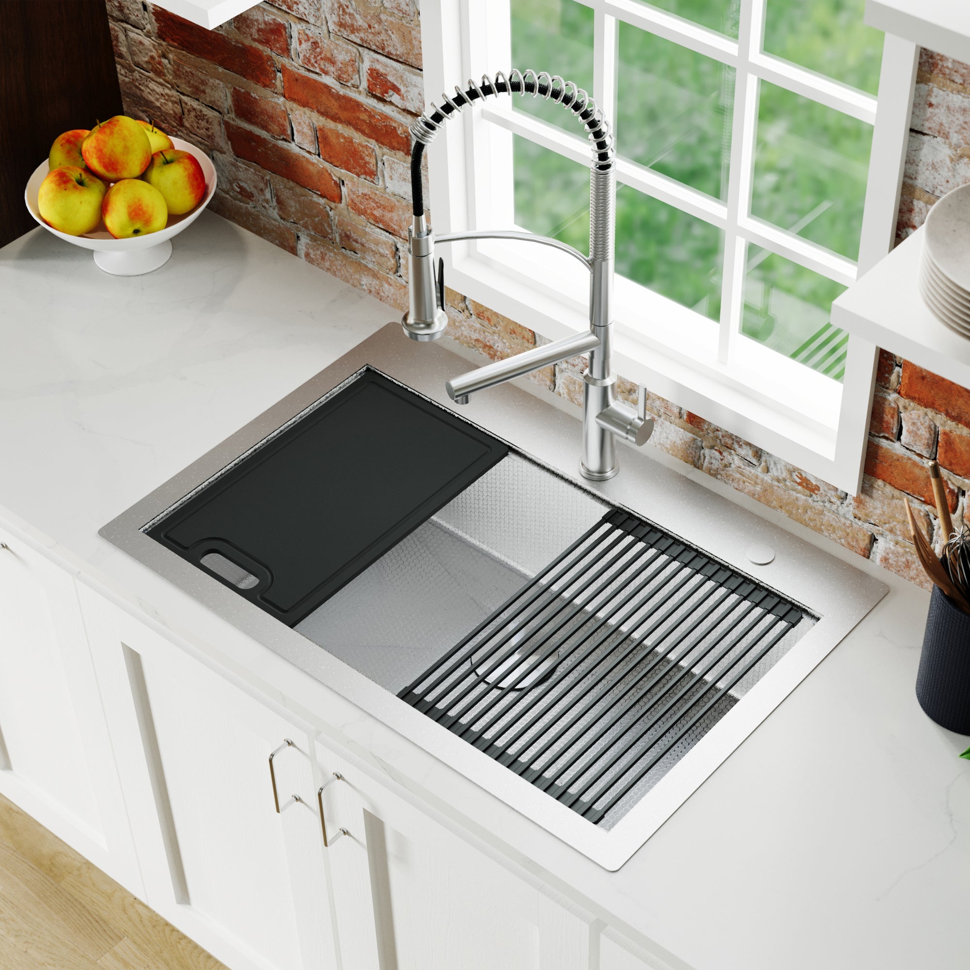 Alternate Image for Karran Matrix 33" Drop In/Topmount Stainless Steel Workstation Kitchen Sink with Accessories, 16 Gauge, HST3322SBSS
