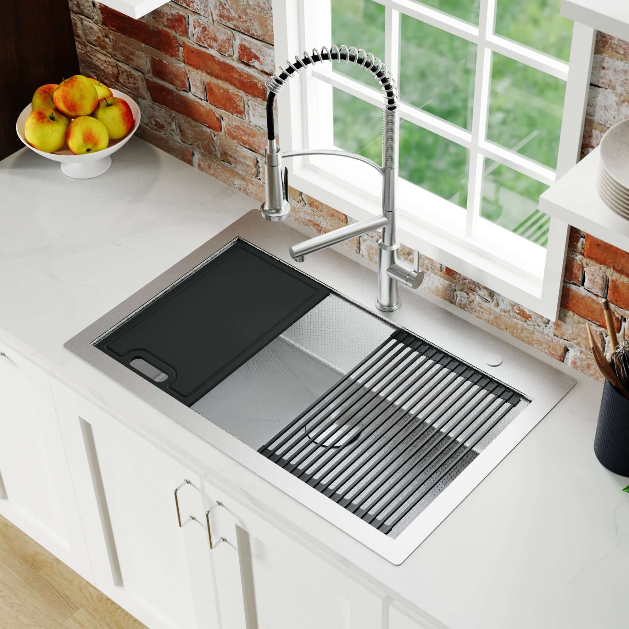 Alternate Image for Karran Matrix 33" Drop In/Topmount Stainless Steel Workstation Kitchen Sink with Accessories, 16 Gauge, HST3322SBSS