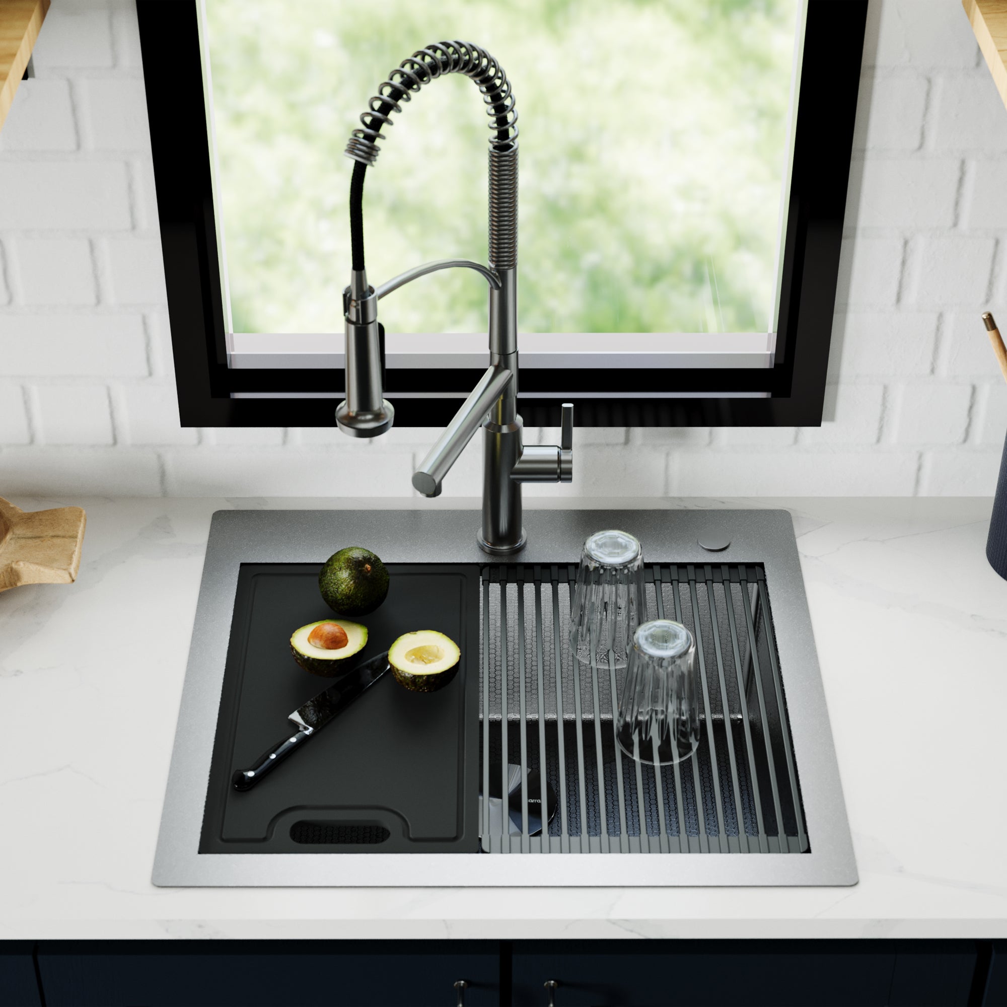 Alternate Image for Karran Matrix 25" Drop In/Topmount Stainless Steel Workstation Kitchen Sink with Accessories, Gunmetal Grey, 16 Gauge, HST2522SBGG