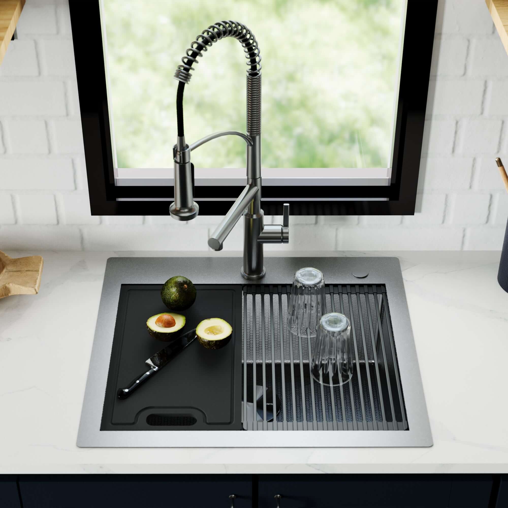 Alternate Image for Karran Matrix 25" Drop In/Topmount Stainless Steel Workstation Kitchen Sink with Accessories, Gunmetal Grey, 16 Gauge, HST2522SBGG