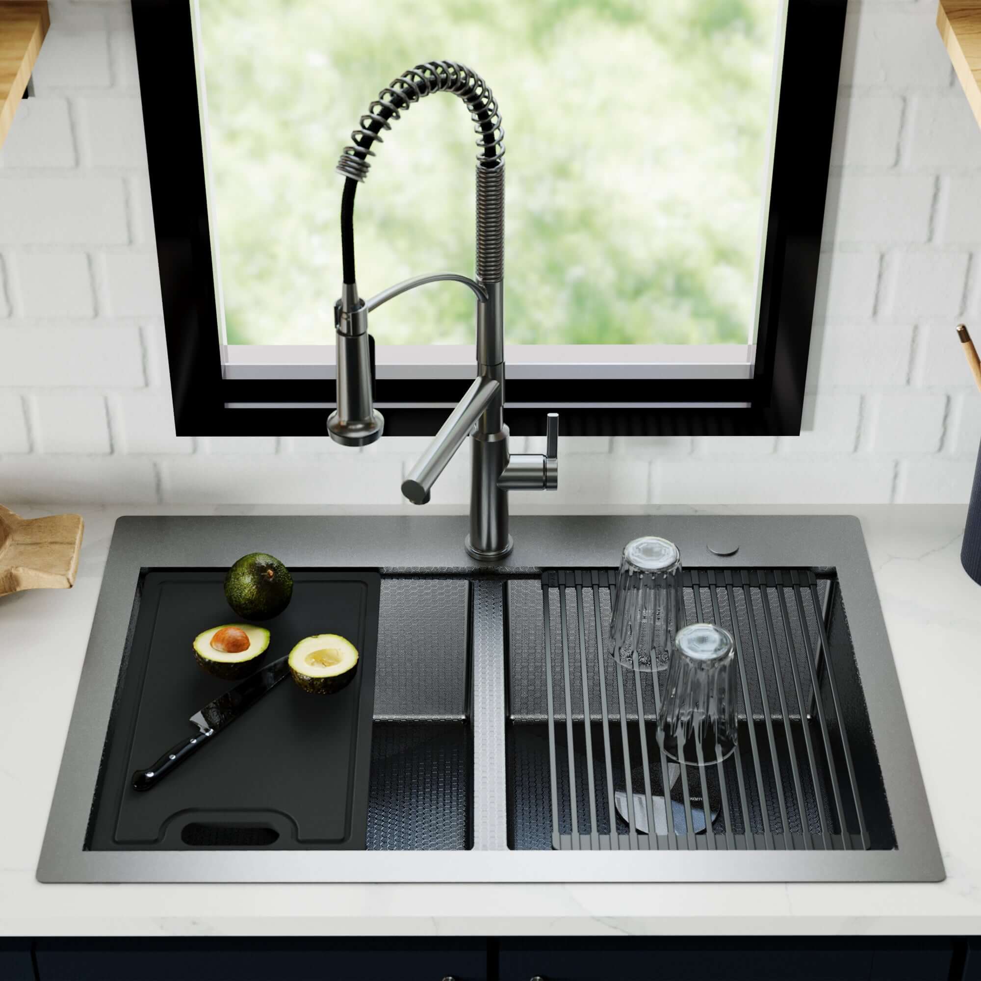 Alternate Image for Karran Matrix 33" Drop In/Topmount Stainless Steel Workstation Kitchen Sink with Accessories, 50/50 Double Bowl, Gunmetal Grey, 16 Gauge, HST3322DBGG
