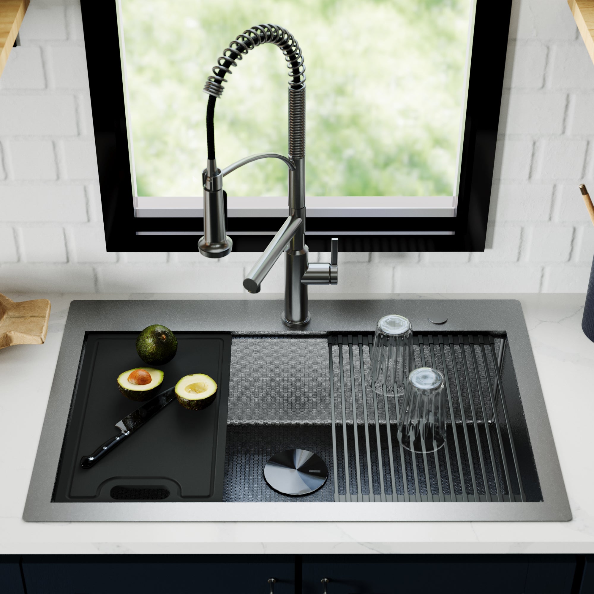 Alternate Image for Karran Matrix 33" Drop In/Topmount Stainless Steel Workstation Kitchen Sink with Accessories, Gunmetal Grey, 16 Gauge, HST3322SBGG