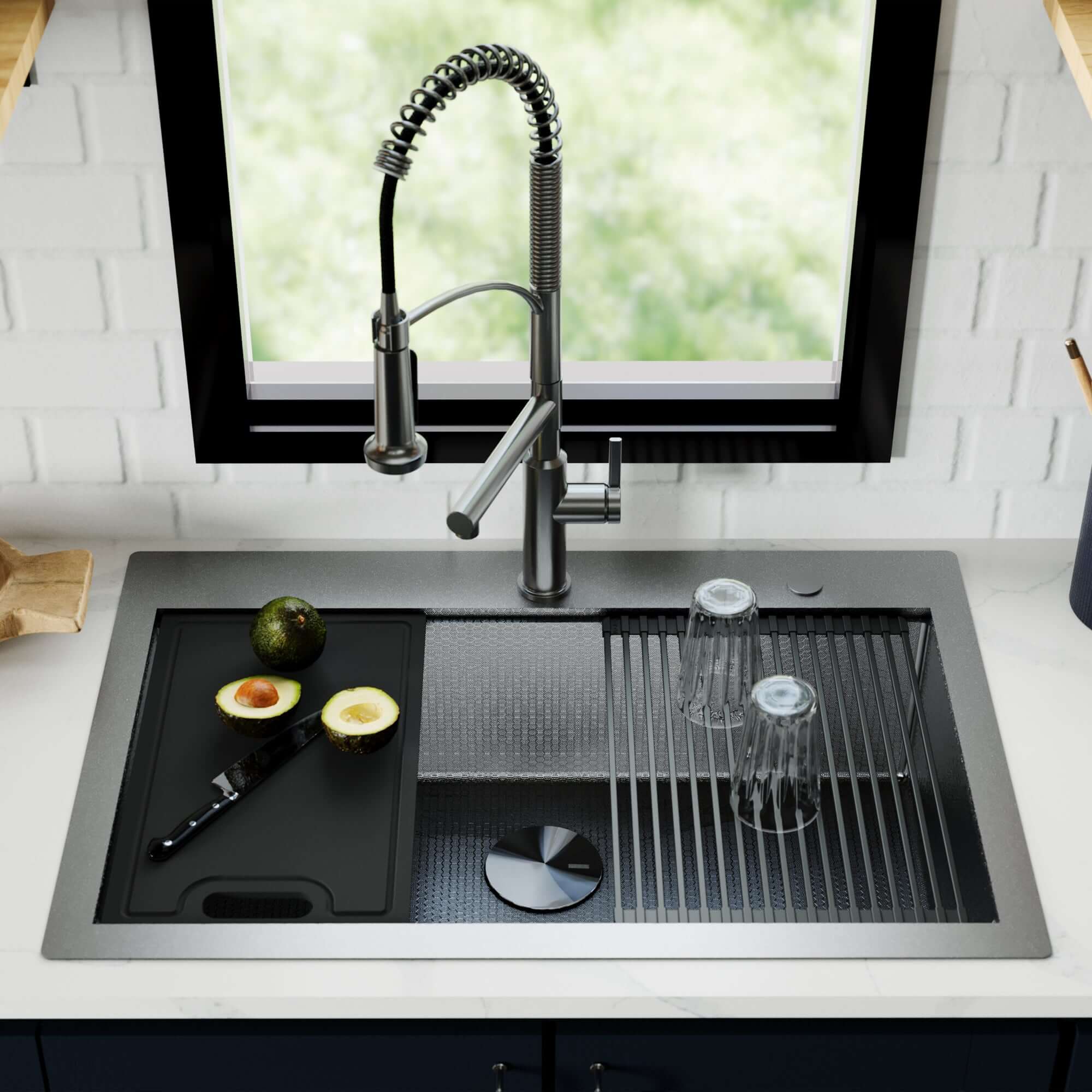 Alternate Image for Karran Matrix 33" Drop In/Topmount Stainless Steel Workstation Kitchen Sink with Accessories, Gunmetal Grey, 16 Gauge, HST3322SBGG