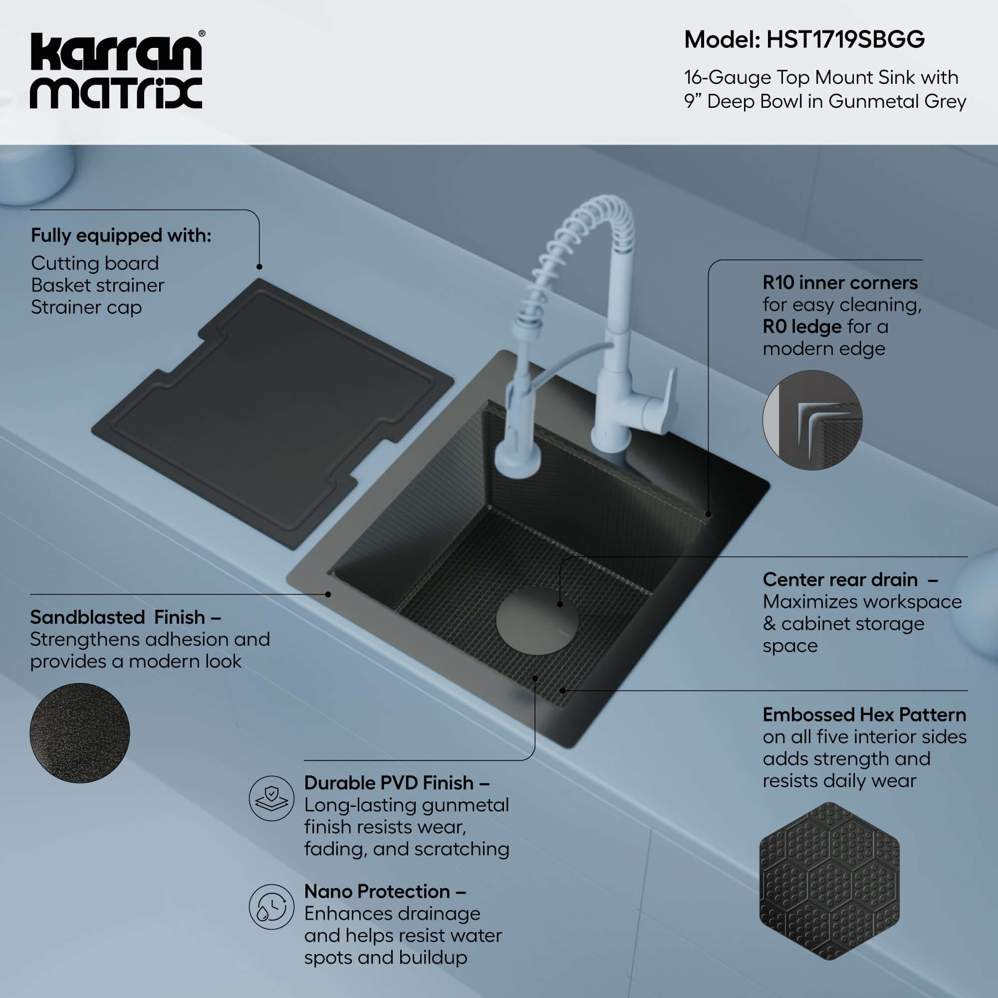 Alternate Image for Karran Matrix 17" Drop In/Topmount Stainless Steel Workstation Kitchen Sink with Accessories, Gunmetal Grey, 16 Gauge, HST1719SBGG