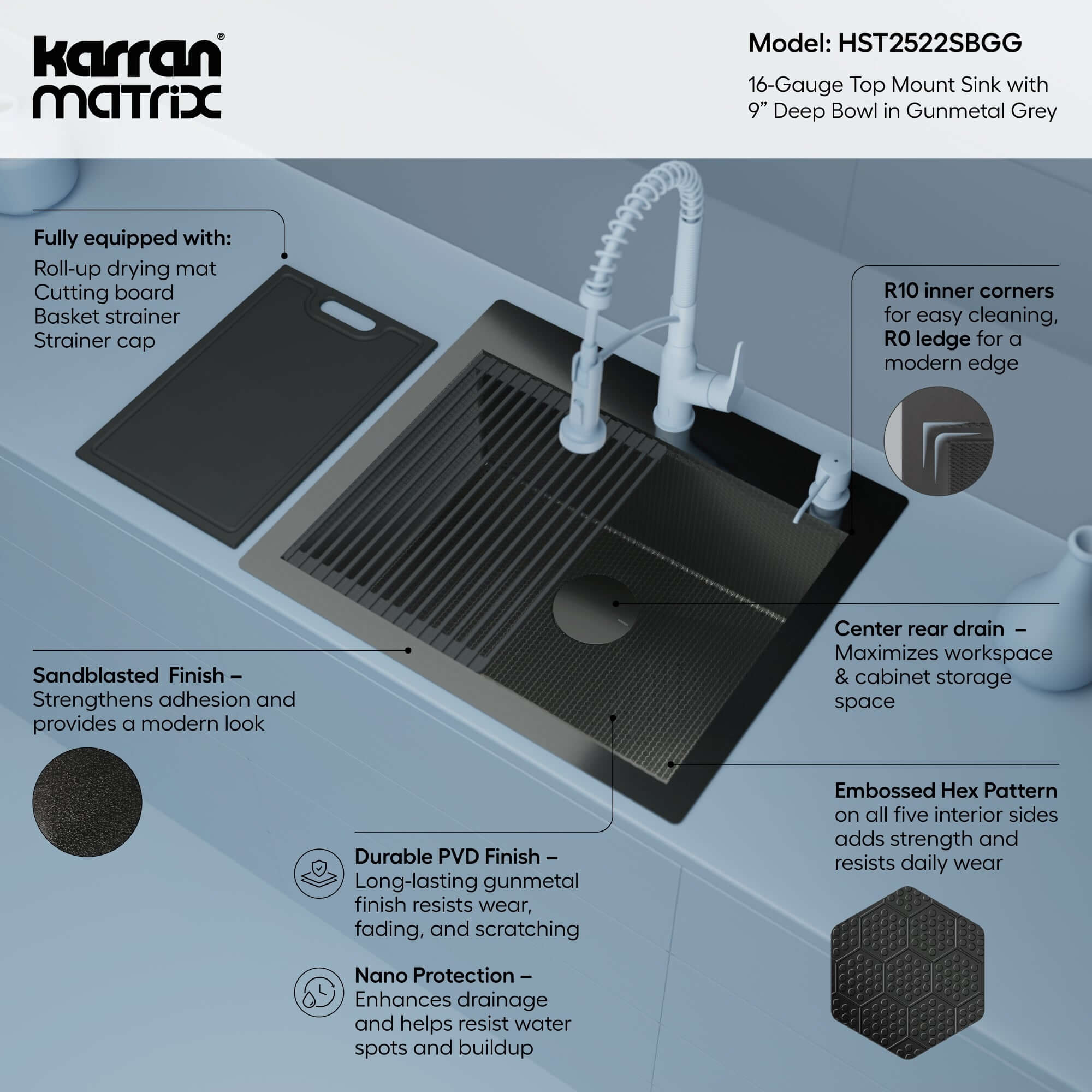 Alternate Image for Karran Matrix 25" Drop In/Topmount Stainless Steel Workstation Kitchen Sink with Accessories, Gunmetal Grey, 16 Gauge, HST2522SBGG