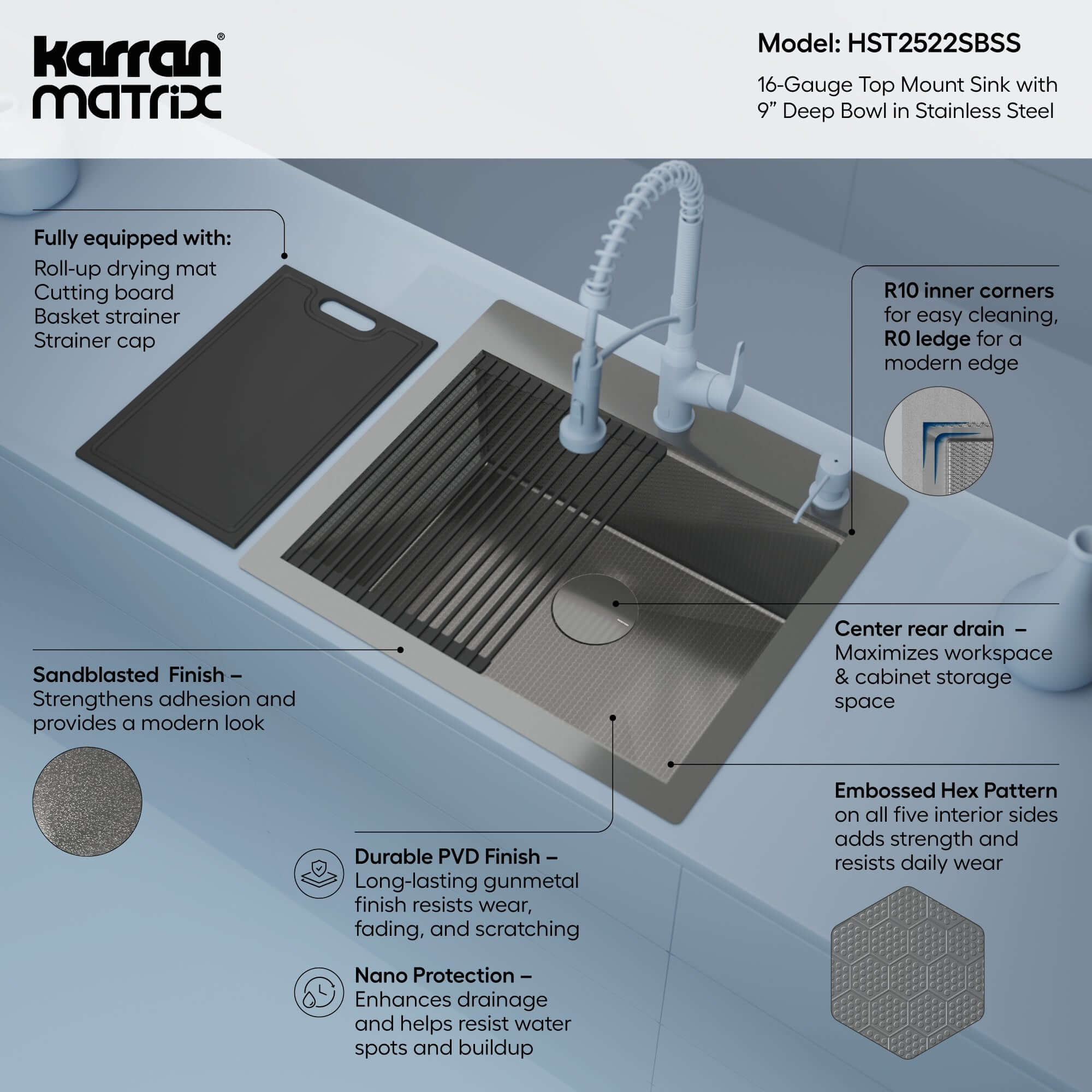 Alternate Image for Karran Matrix 25" Drop In/Topmount Stainless Steel Workstation Kitchen Sink with Accessories, 16 Gauge, HST2522SBSS
