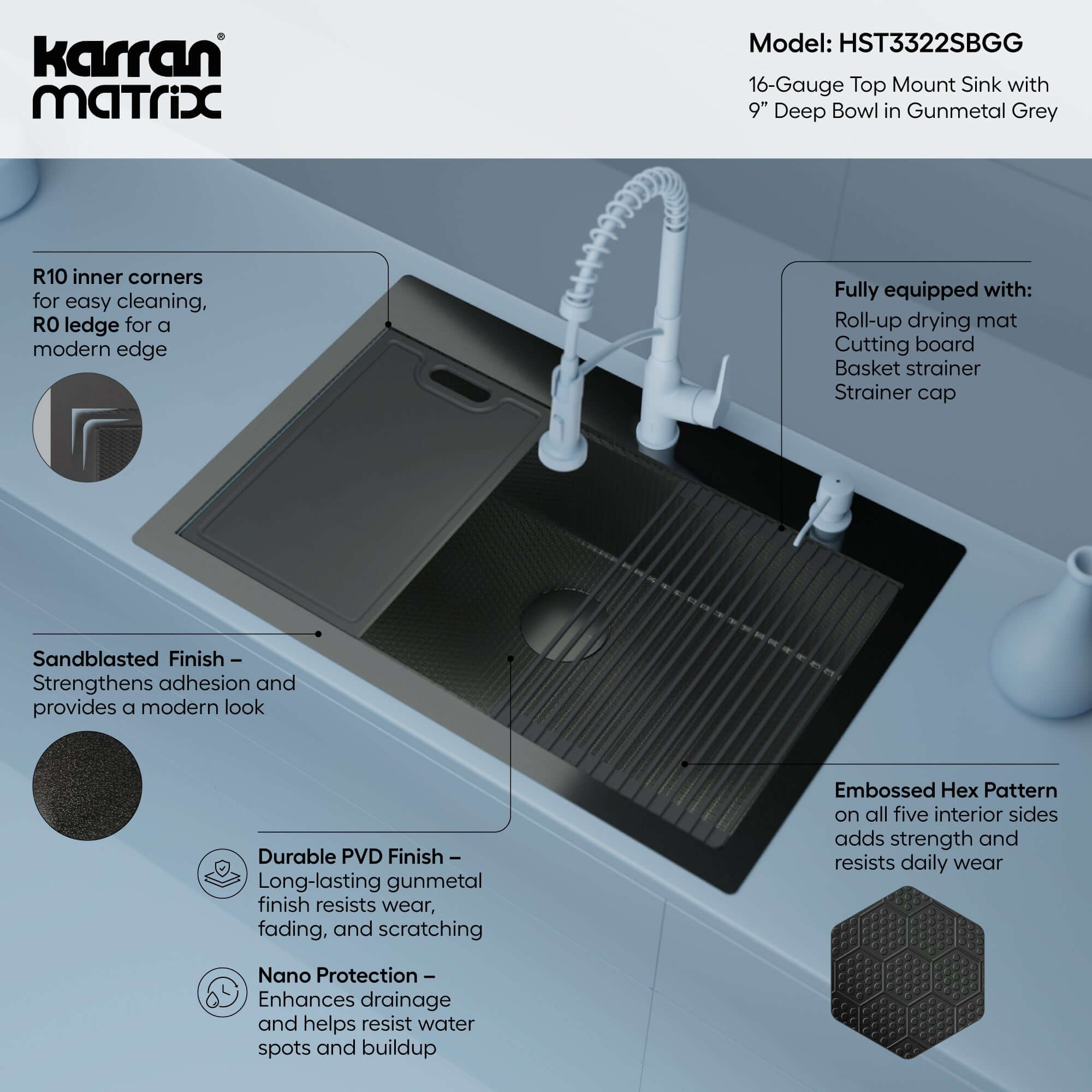 Alternate Image for Karran Matrix 33" Drop In/Topmount Stainless Steel Workstation Kitchen Sink with Accessories, Gunmetal Grey, 16 Gauge, HST3322SBGG