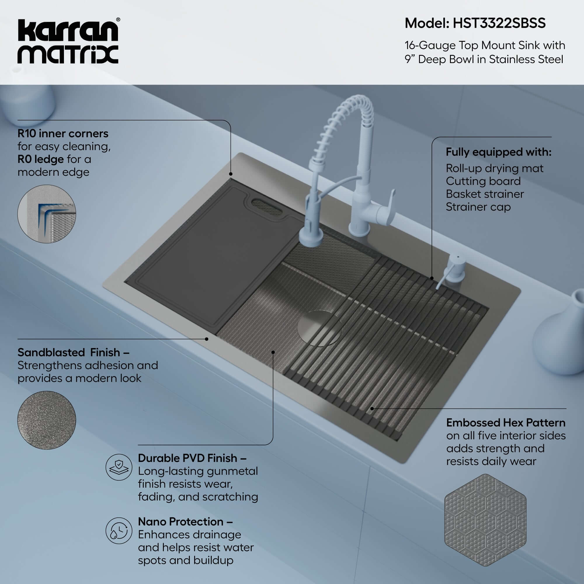 Alternate Image for Karran Matrix 33" Drop In/Topmount Stainless Steel Workstation Kitchen Sink with Accessories, 16 Gauge, HST3322SBSS
