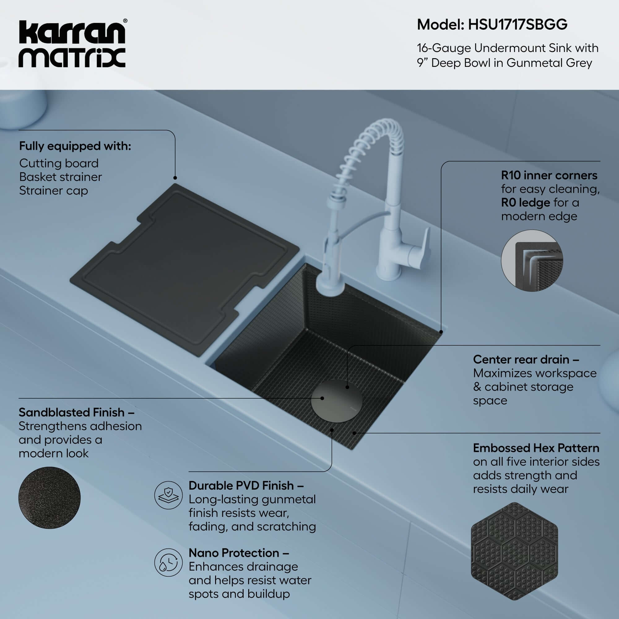 Alternate Image for Karran Matrix 17" Undermount Stainless Steel Workstation Kitchen Sink with Accessories, Gunmetal Grey, 16 Gauge, HSU1717SBGG
