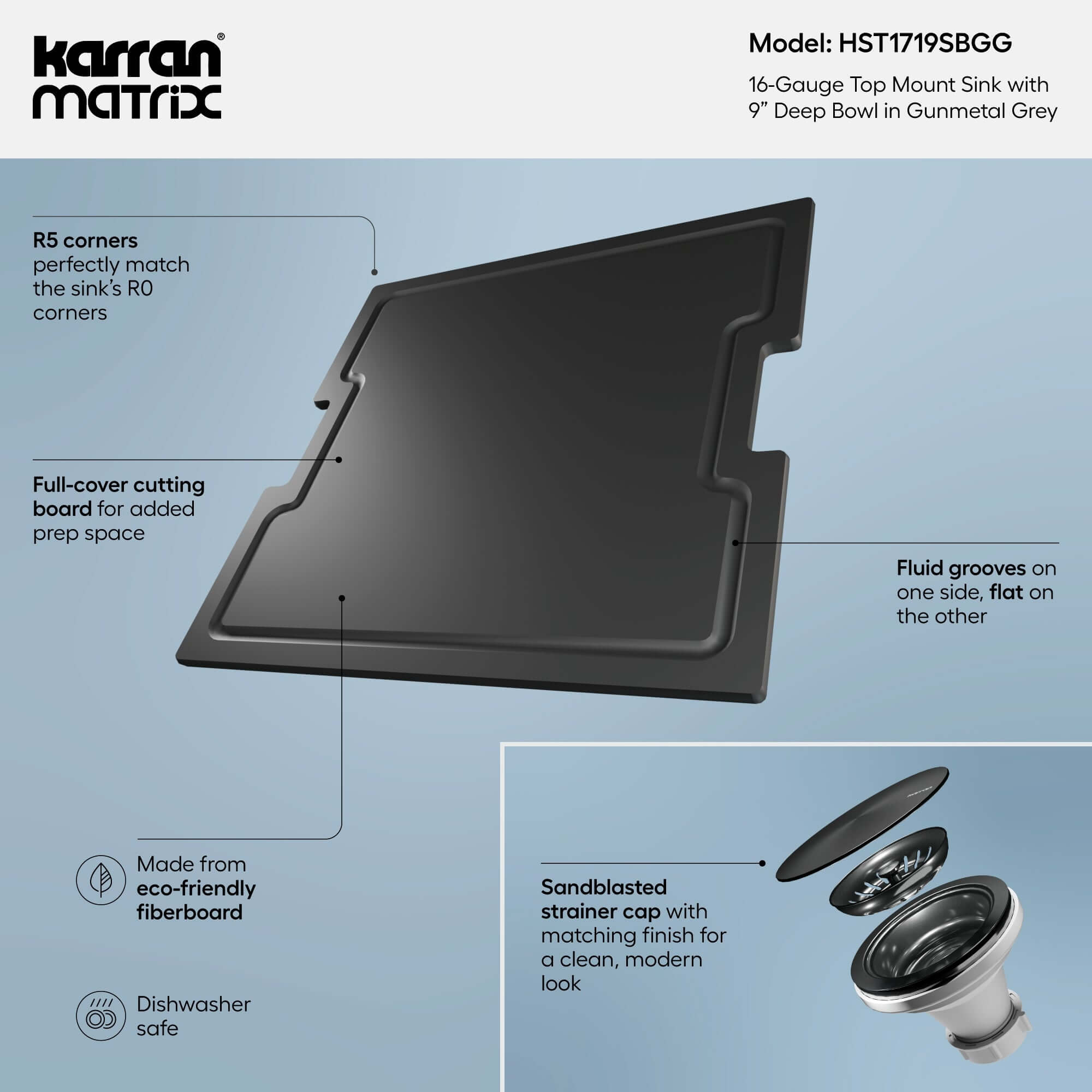 Alternate Image for Karran Matrix 17" Drop In/Topmount Stainless Steel Workstation Kitchen Sink with Accessories, Gunmetal Grey, 16 Gauge, HST1719SBGG