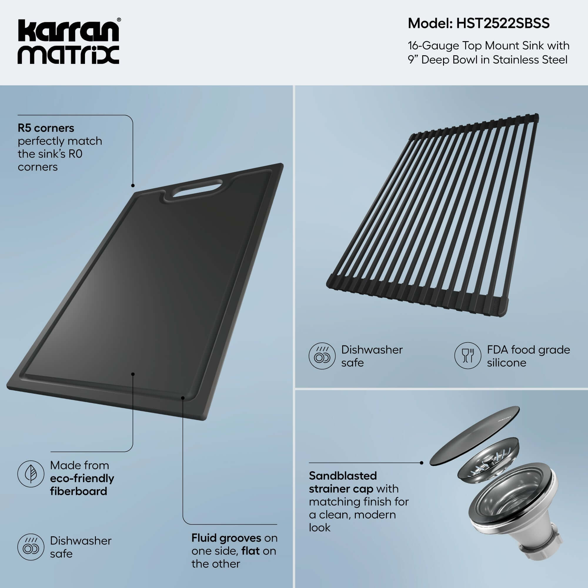 Alternate Image for Karran Matrix 25" Drop In/Topmount Stainless Steel Workstation Kitchen Sink with Accessories, 16 Gauge, HST2522SBSS