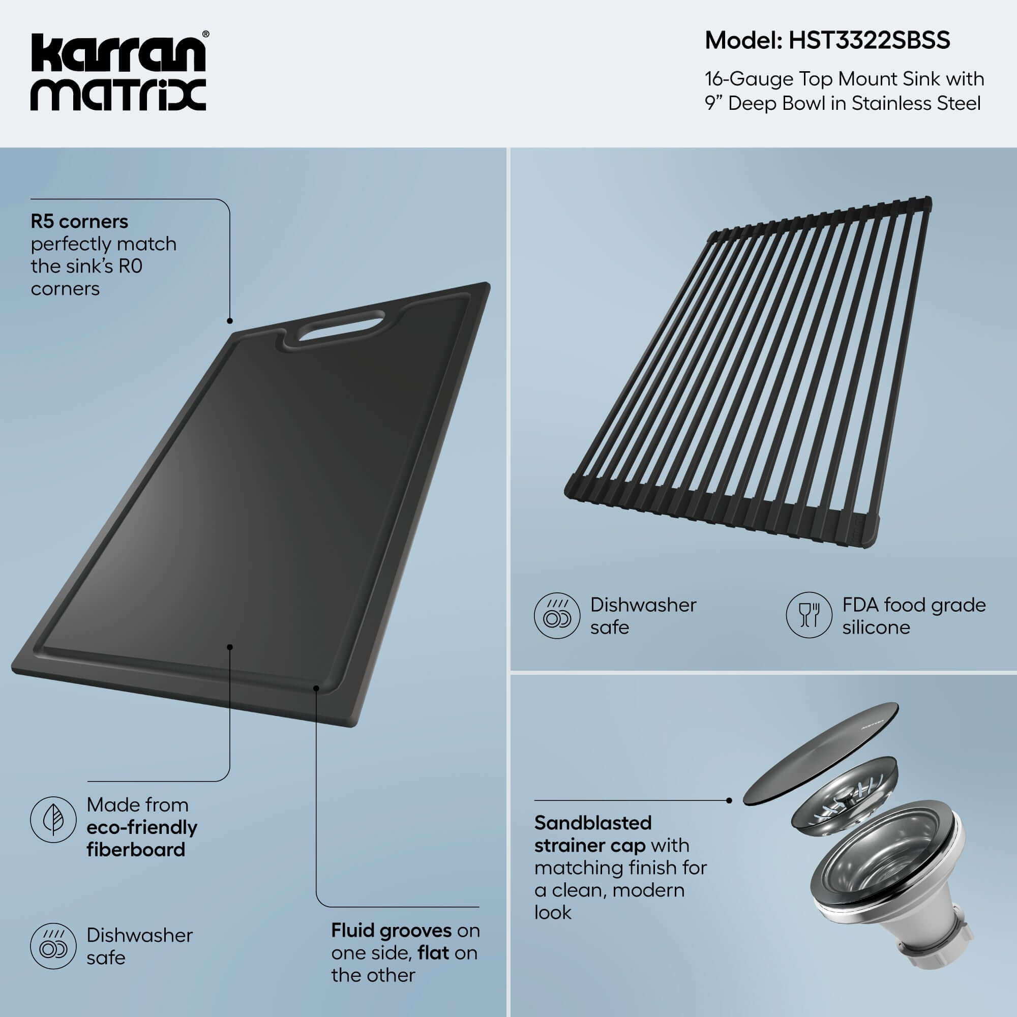 Alternate Image for Karran Matrix 33" Drop In/Topmount Stainless Steel Workstation Kitchen Sink with Accessories, 16 Gauge, HST3322SBSS