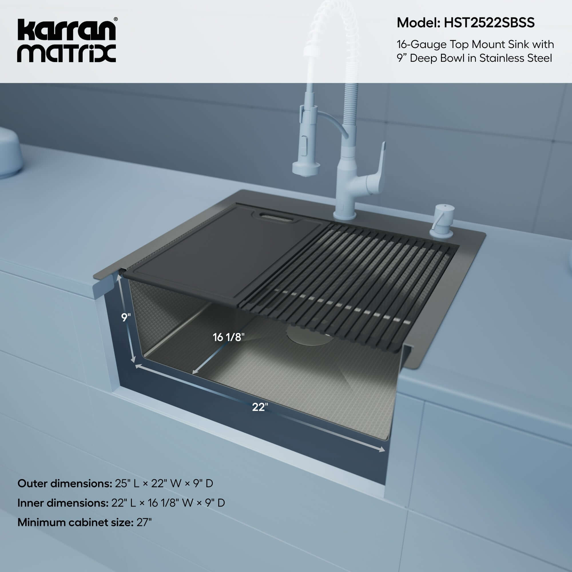 Alternate Image for Karran Matrix 25" Drop In/Topmount Stainless Steel Workstation Kitchen Sink with Accessories, 16 Gauge, HST2522SBSS