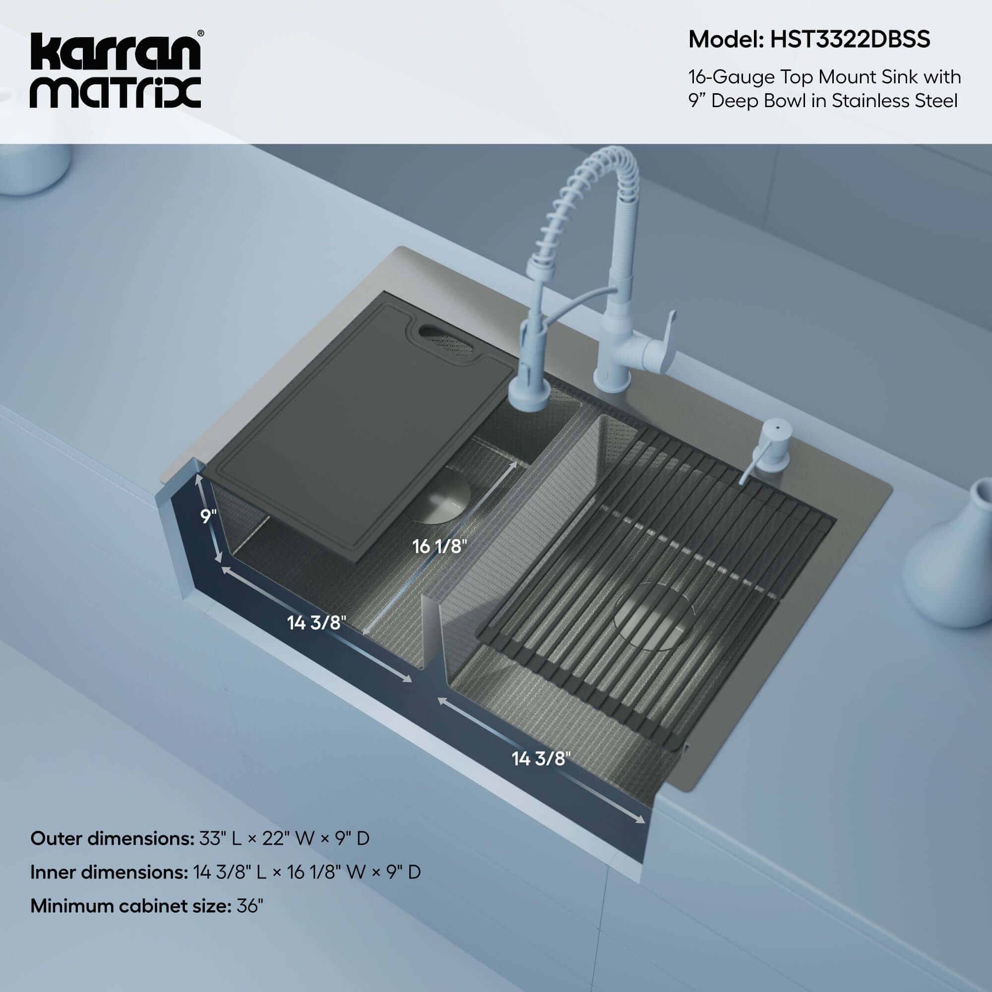 Alternate Image for Karran Matrix 33" Drop In/Topmount Stainless Steel Workstation Kitchen Sink with Accessories, 50/50 Double Bowl, 16 Gauge, HST3322DBSS
