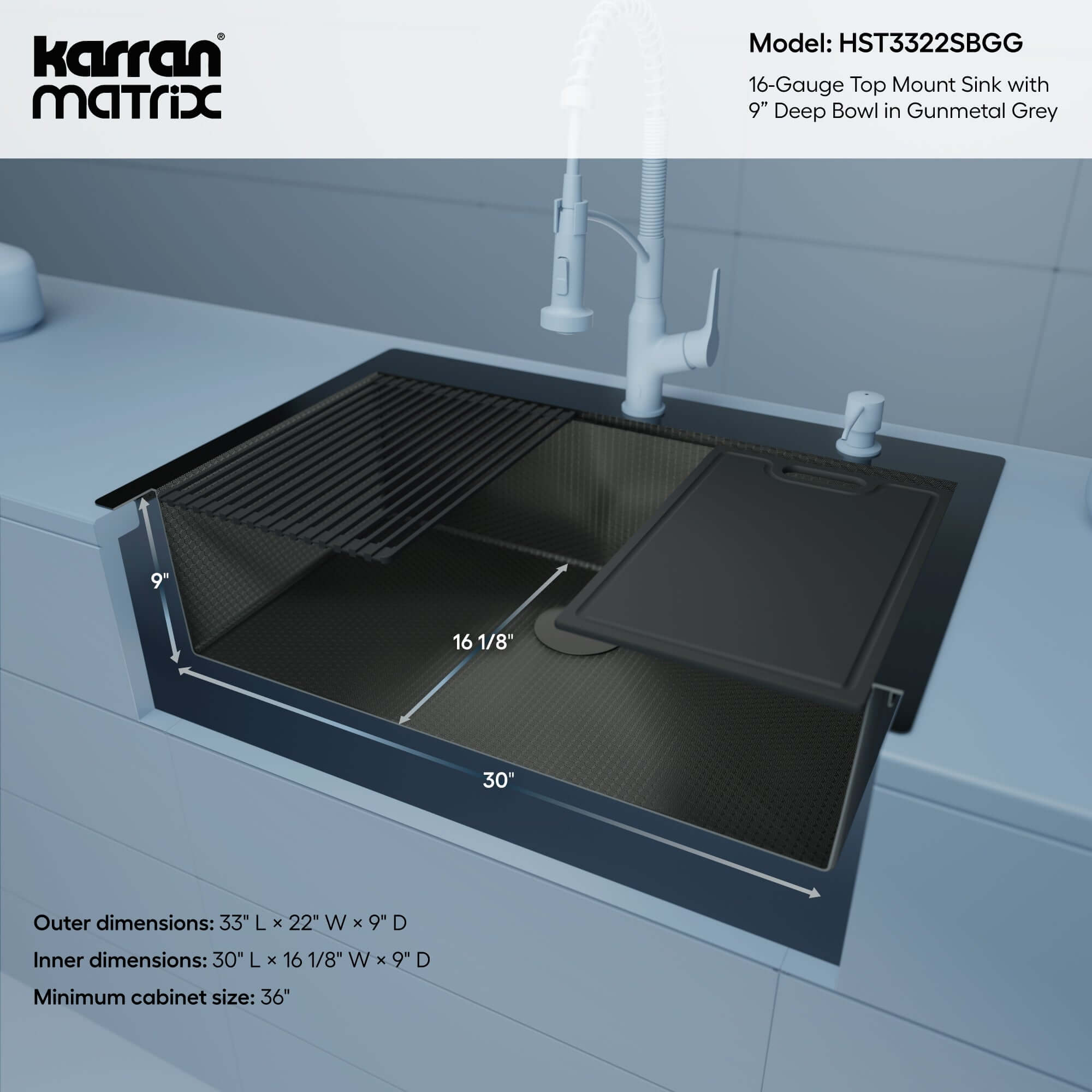 Alternate Image for Karran Matrix 33" Drop In/Topmount Stainless Steel Workstation Kitchen Sink with Accessories, Gunmetal Grey, 16 Gauge, HST3322SBGG
