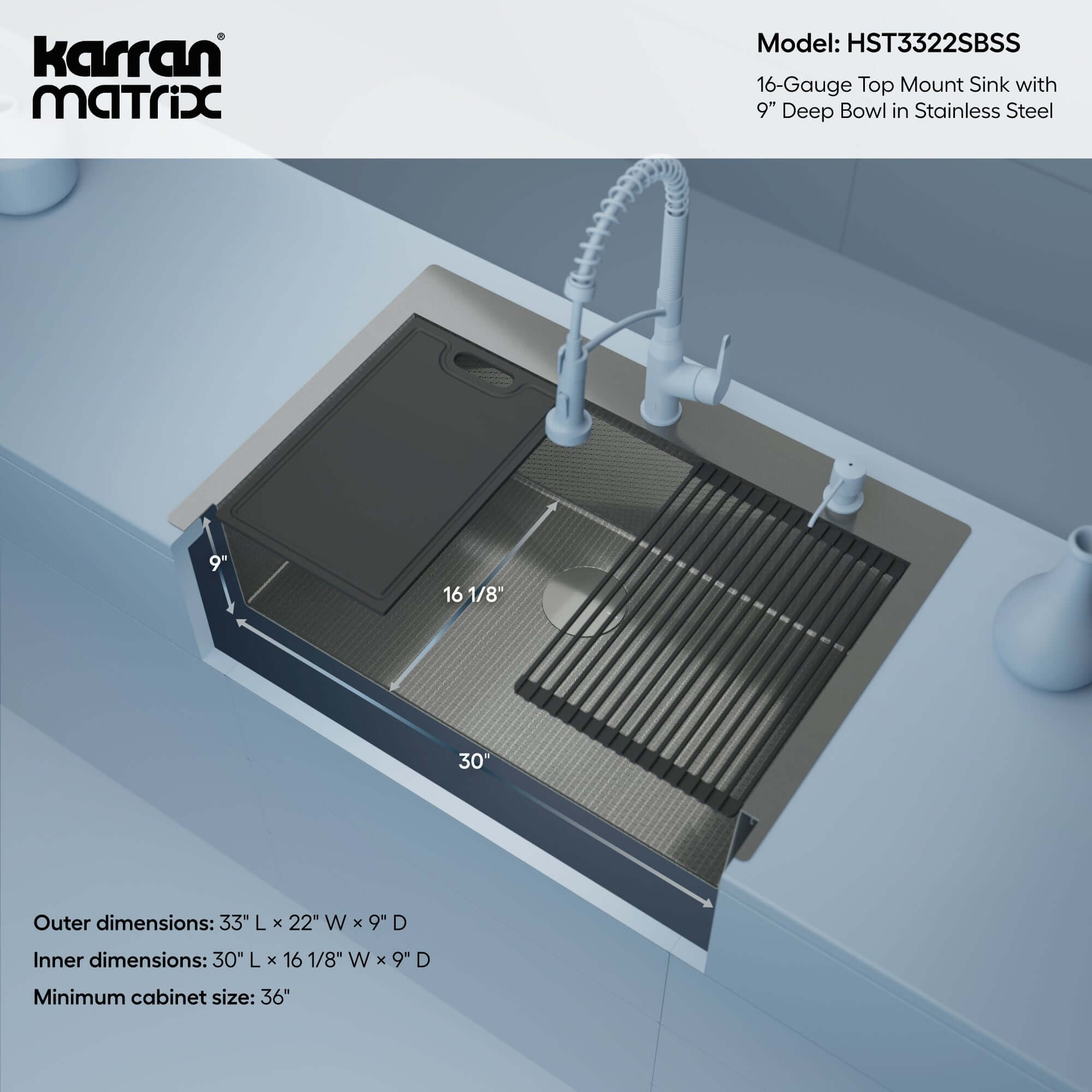 Alternate Image for Karran Matrix 33" Drop In/Topmount Stainless Steel Workstation Kitchen Sink with Accessories, 16 Gauge, HST3322SBSS