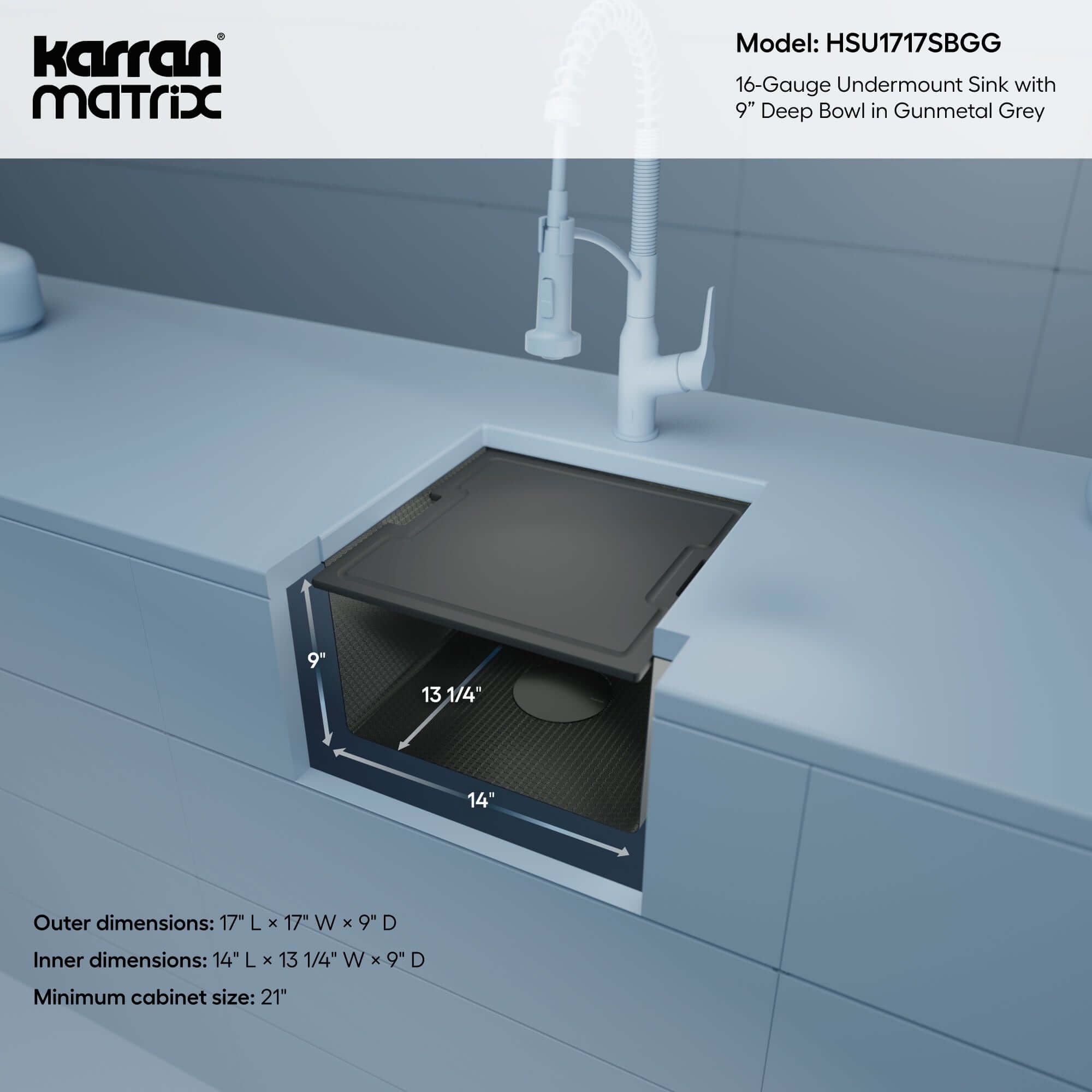 Alternate Image for Karran Matrix 17" Undermount Stainless Steel Workstation Kitchen Sink with Accessories, Gunmetal Grey, 16 Gauge, HSU1717SBGG