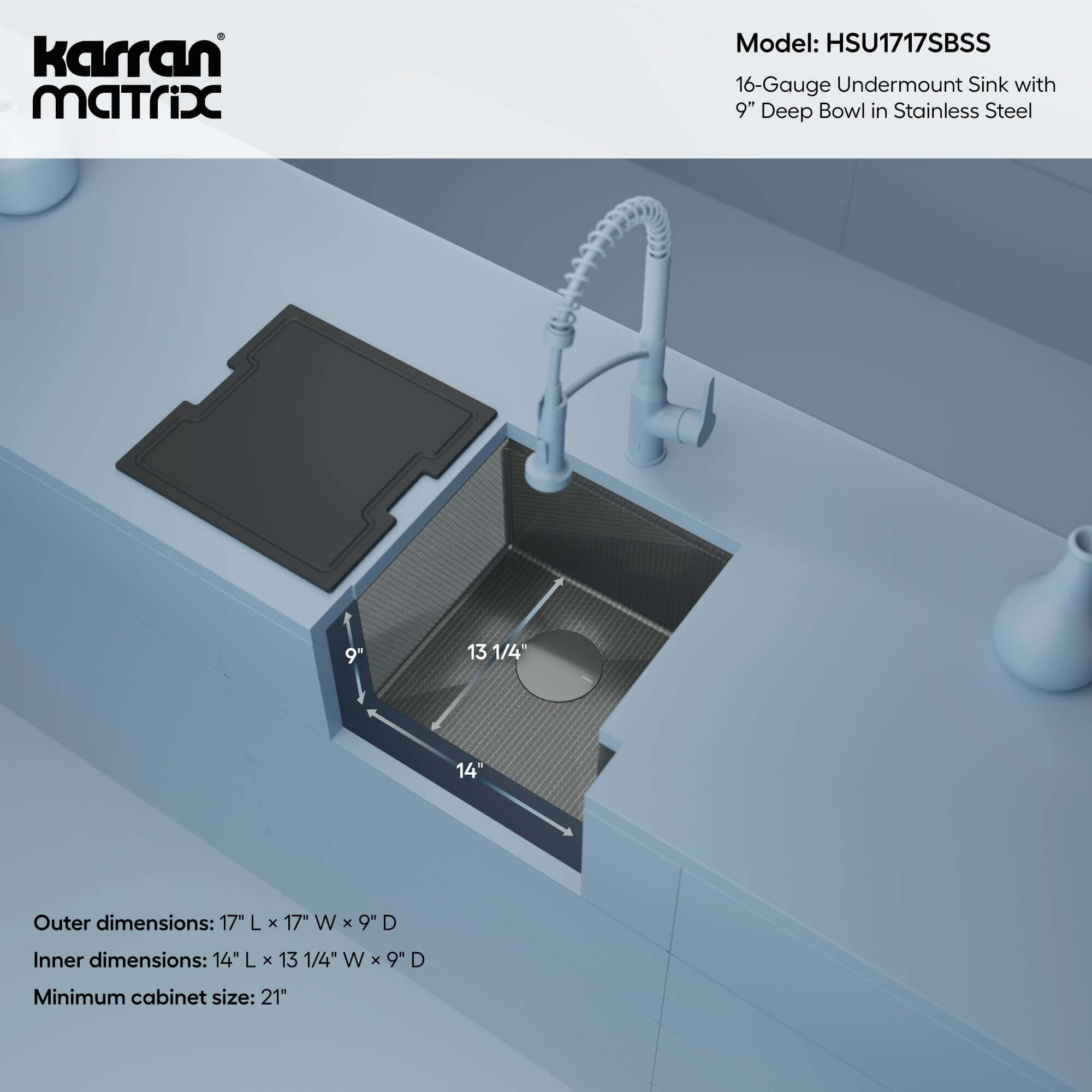 Alternate Image for Karran Matrix 17" Undermount Stainless Steel Workstation Kitchen Sink with Accessories, 16 Gauge, HSU1717SBSS