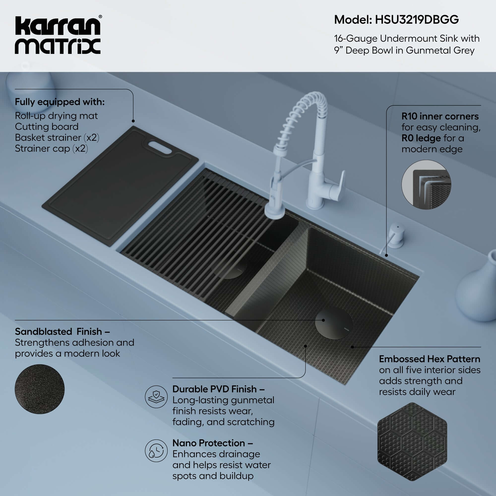 Alternate Image for Karran Matrix 32" Undermount Stainless Steel Workstation Kitchen Sink with Accessories, 50/50 Double Bowl, Gunmetal Grey, 16 Gauge, HSU3219DBGG