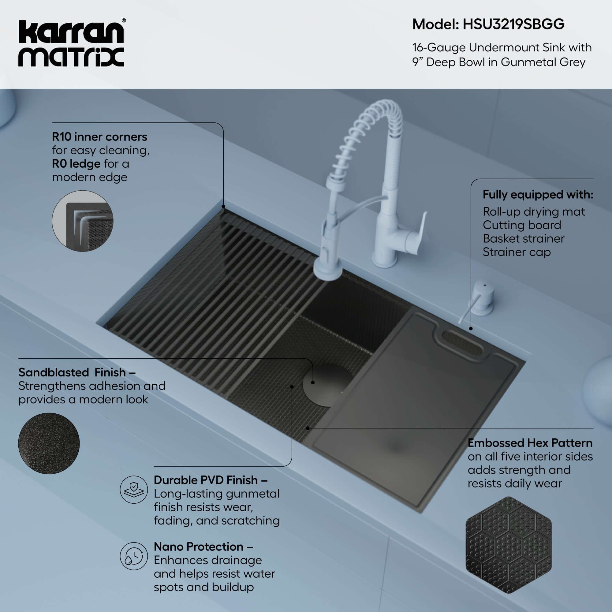 Alternate Image for Karran Matrix 32" Undermount Stainless Steel Workstation Kitchen Sink with Accessories, Gunmetal Grey, 16 Gauge, HSU3219SBGG