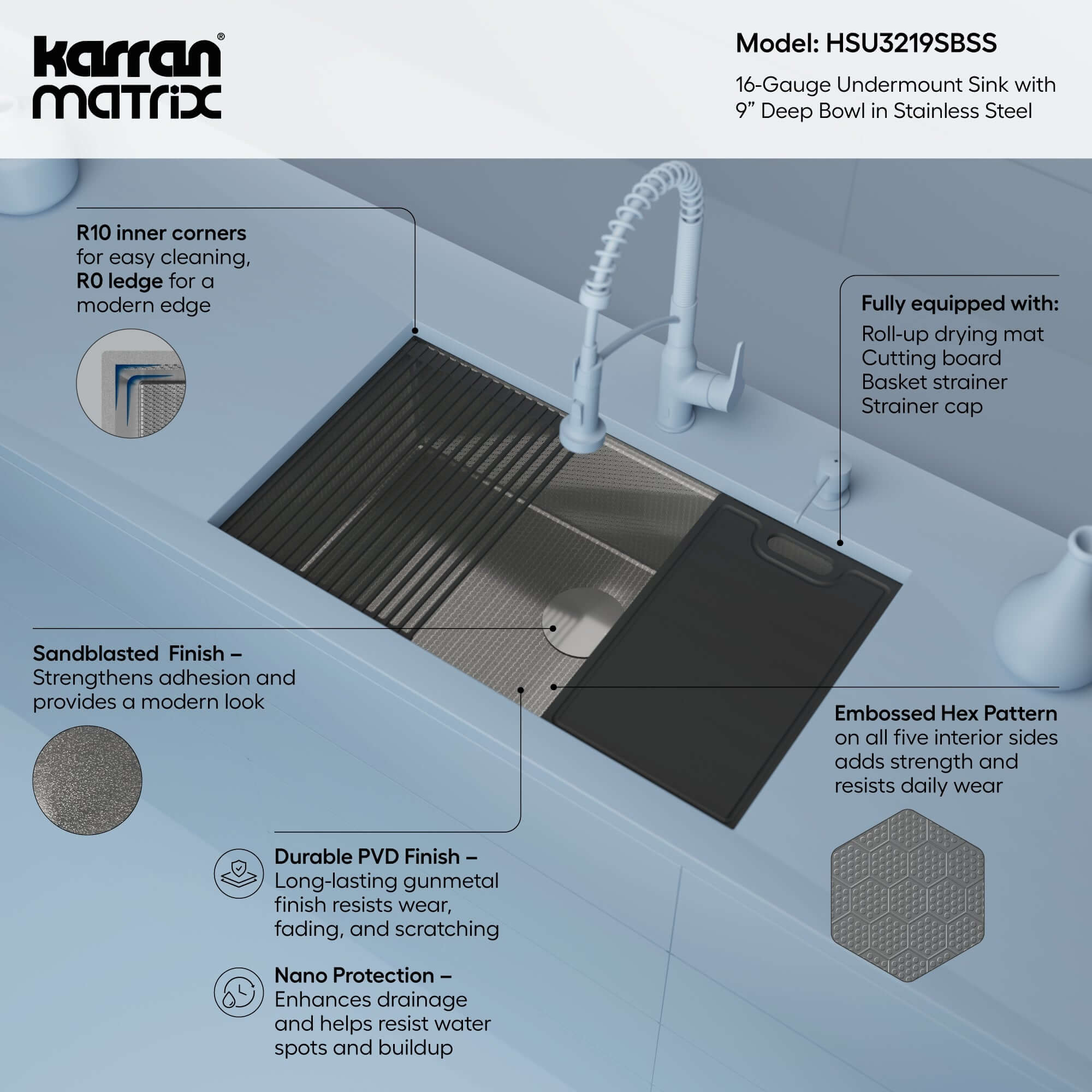 Alternate Image for Karran Matrix 32" Undermount Stainless Steel Workstation Kitchen Sink with Accessories, 16 Gauge, HSU3219SBSS