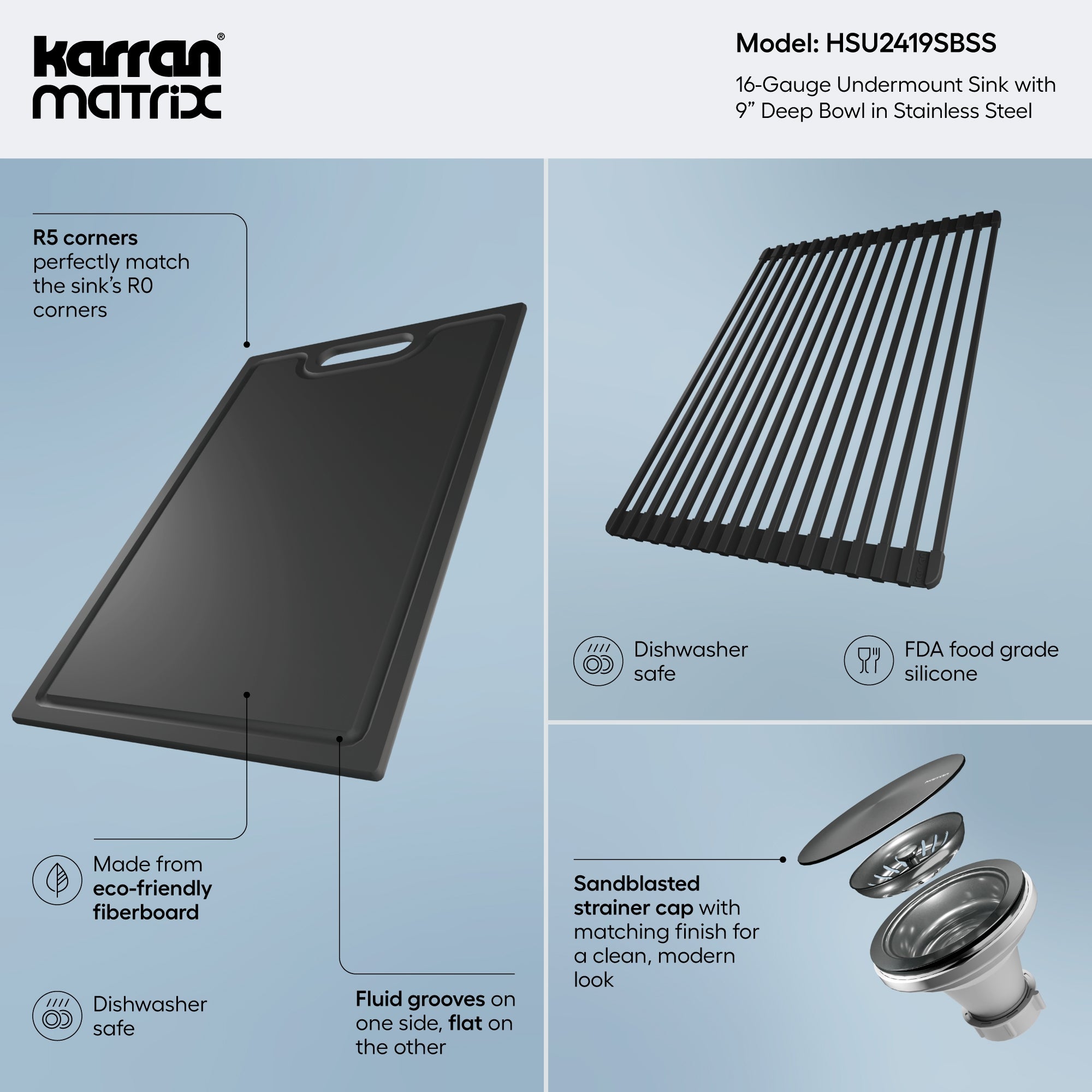 Alternate Image for Karran Matrix 24" Undermount Stainless Steel Workstation Kitchen Sink with Accessories, 16 Gauge, HSU2419SBSS