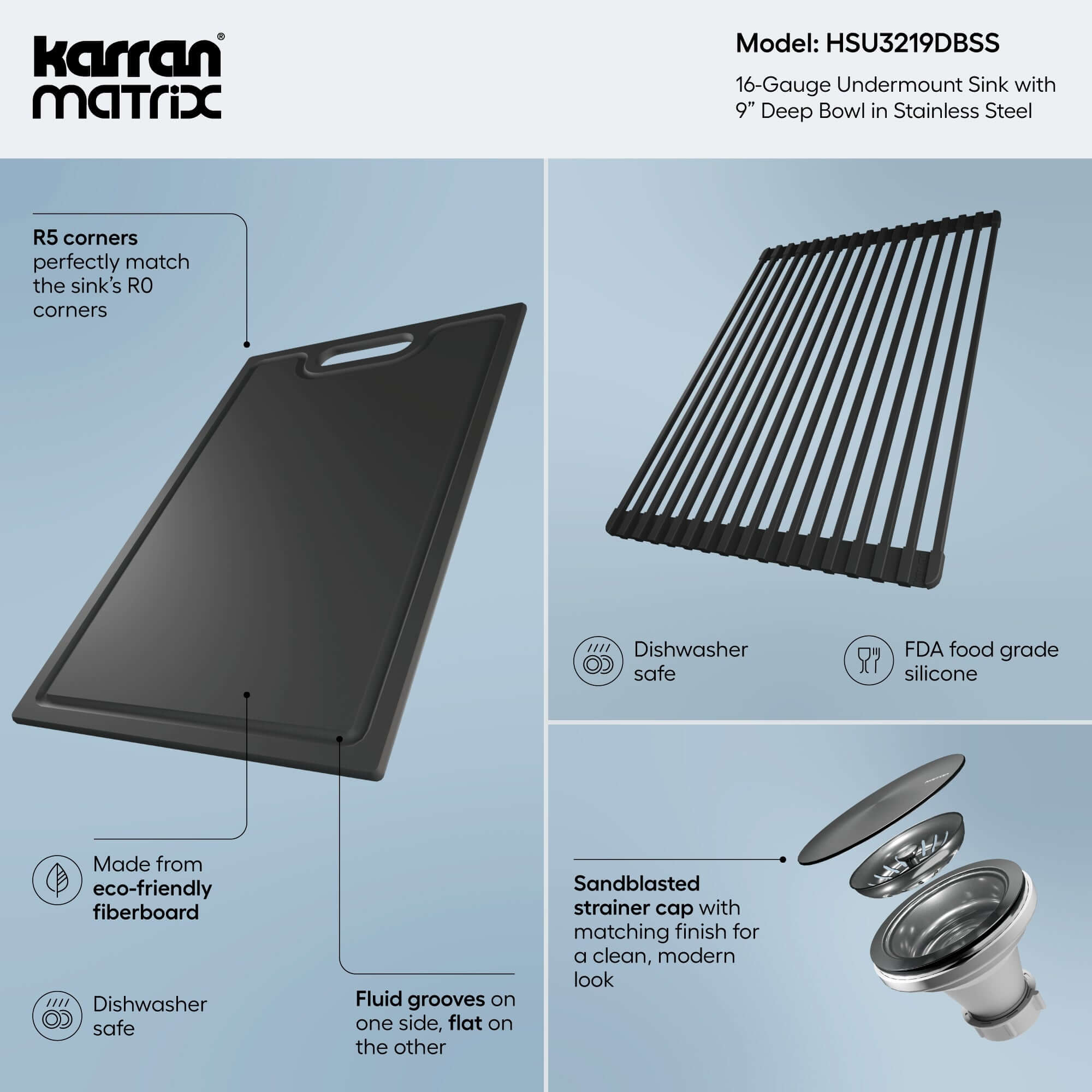 Alternate Image for Karran Matrix 32" Undermount Stainless Steel Workstation Kitchen Sink with Accessories, 50/50 Double Bowl, 16 Gauge, HSU3219DBSS