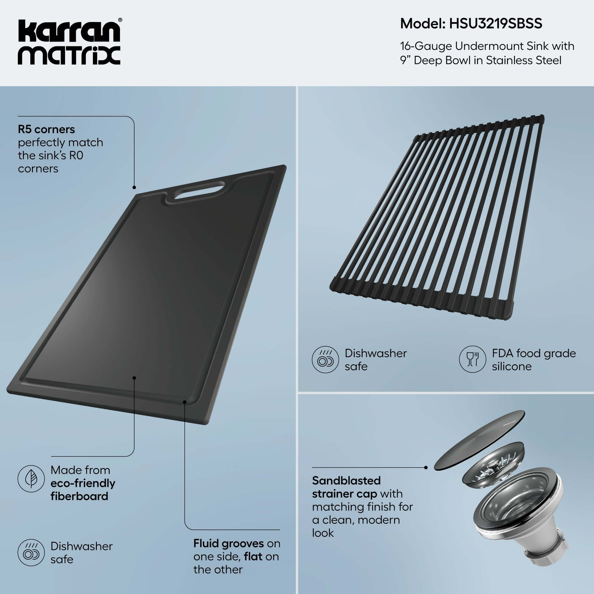 Alternate Image for Karran Matrix 32" Undermount Stainless Steel Workstation Kitchen Sink with Accessories, 16 Gauge, HSU3219SBSS