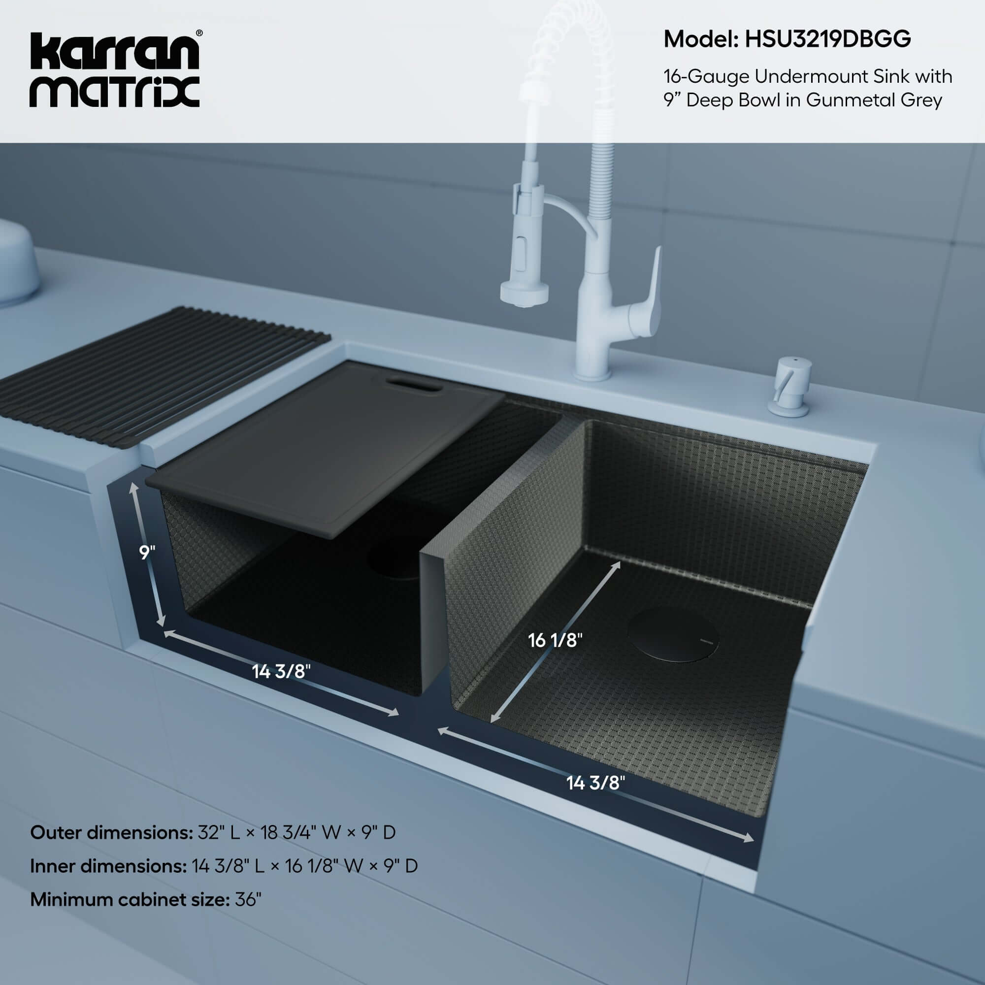 Alternate Image for Karran Matrix 32" Undermount Stainless Steel Workstation Kitchen Sink with Accessories, 50/50 Double Bowl, Gunmetal Grey, 16 Gauge, HSU3219DBGG