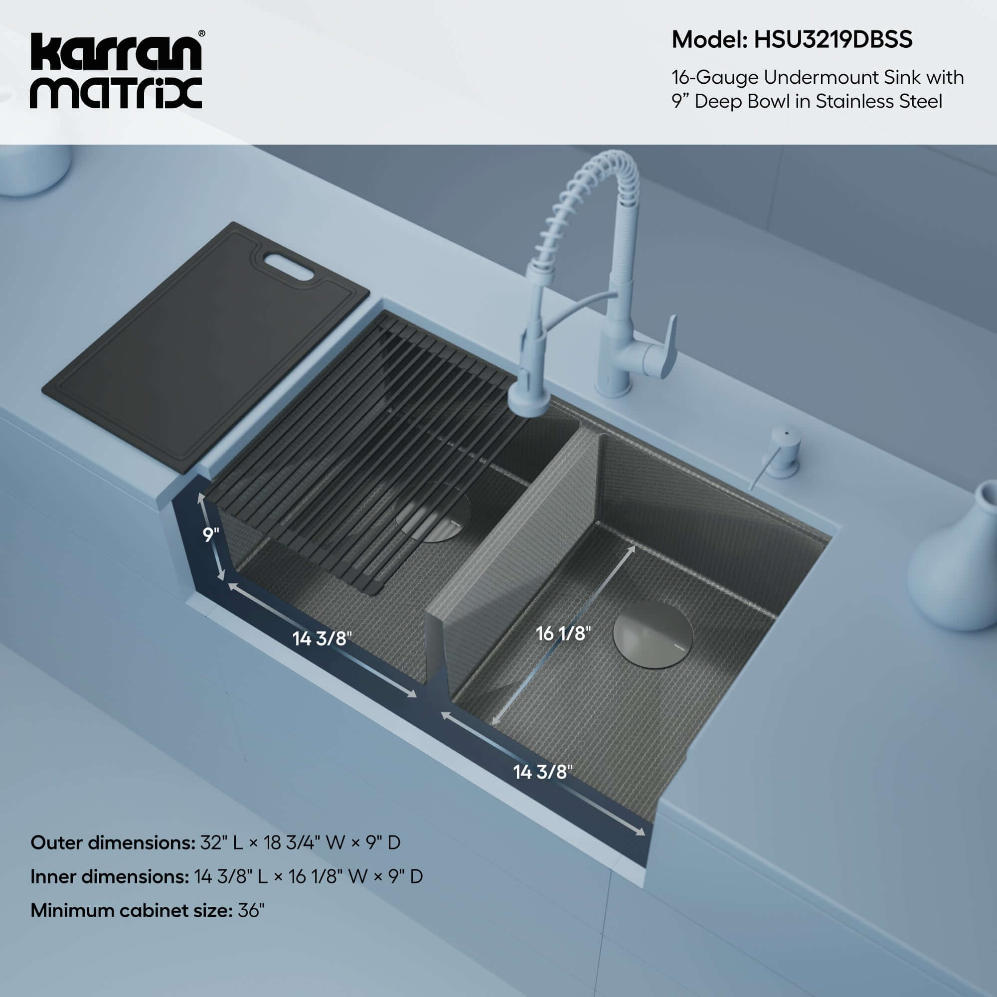 Alternate Image for Karran Matrix 32" Undermount Stainless Steel Workstation Kitchen Sink with Accessories, 50/50 Double Bowl, 16 Gauge, HSU3219DBSS