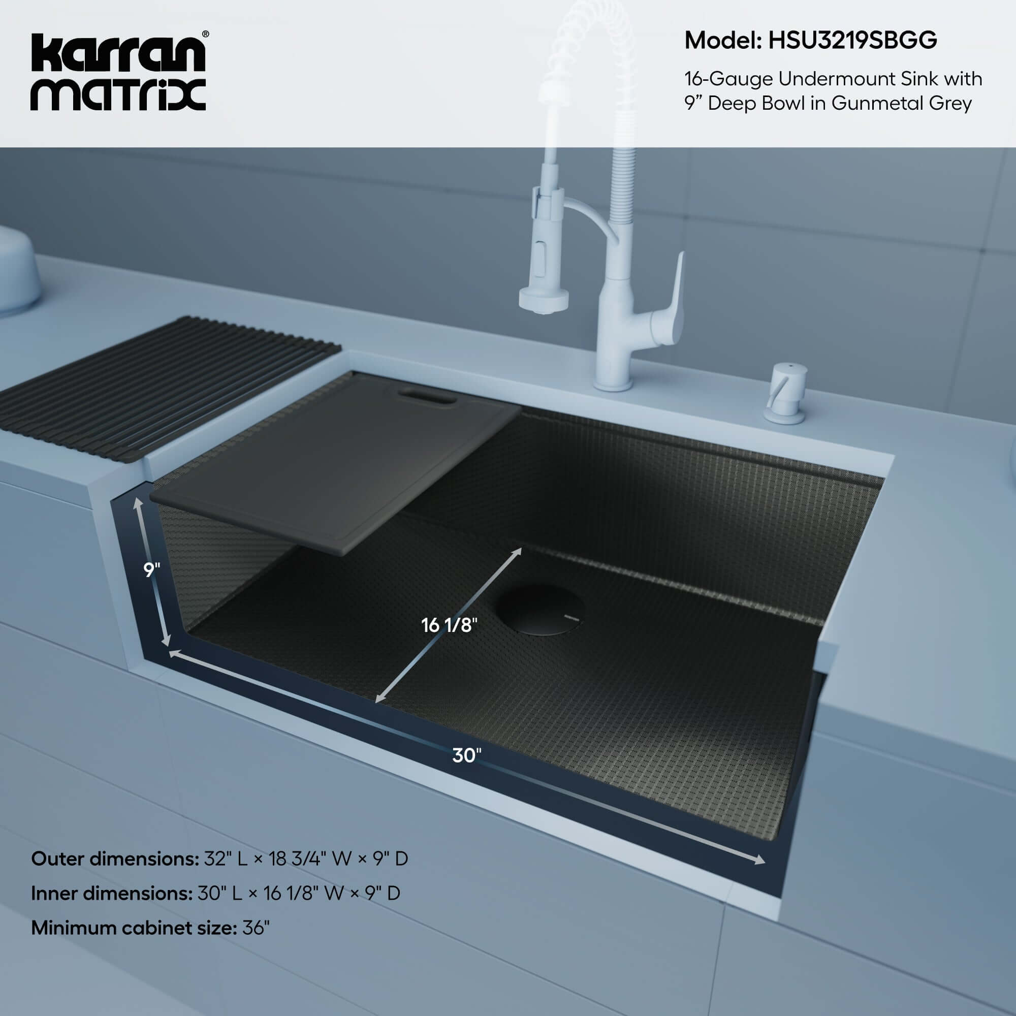 Alternate Image for Karran Matrix 32" Undermount Stainless Steel Workstation Kitchen Sink with Accessories, Gunmetal Grey, 16 Gauge, HSU3219SBGG