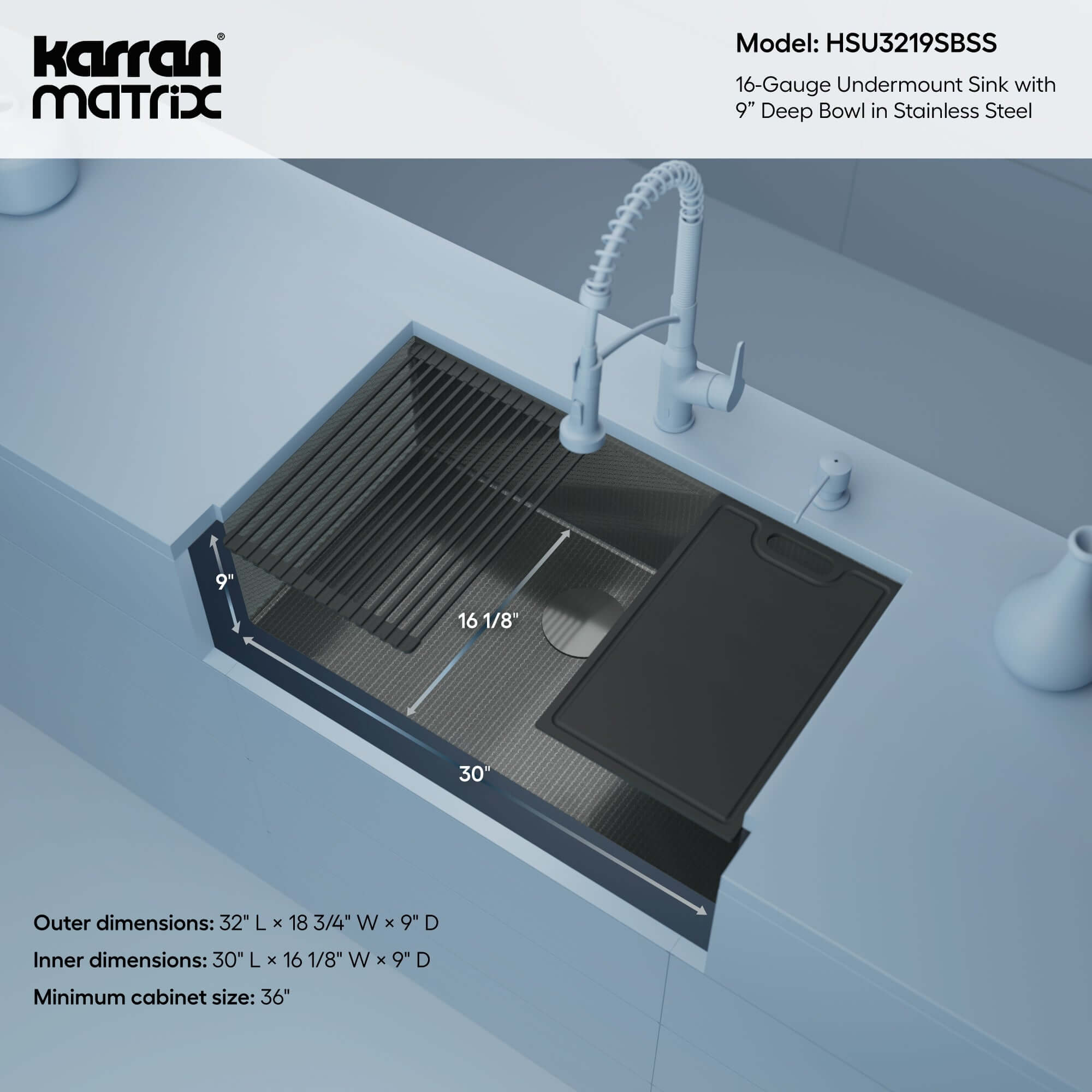Alternate Image for Karran Matrix 32" Undermount Stainless Steel Workstation Kitchen Sink with Accessories, 16 Gauge, HSU3219SBSS