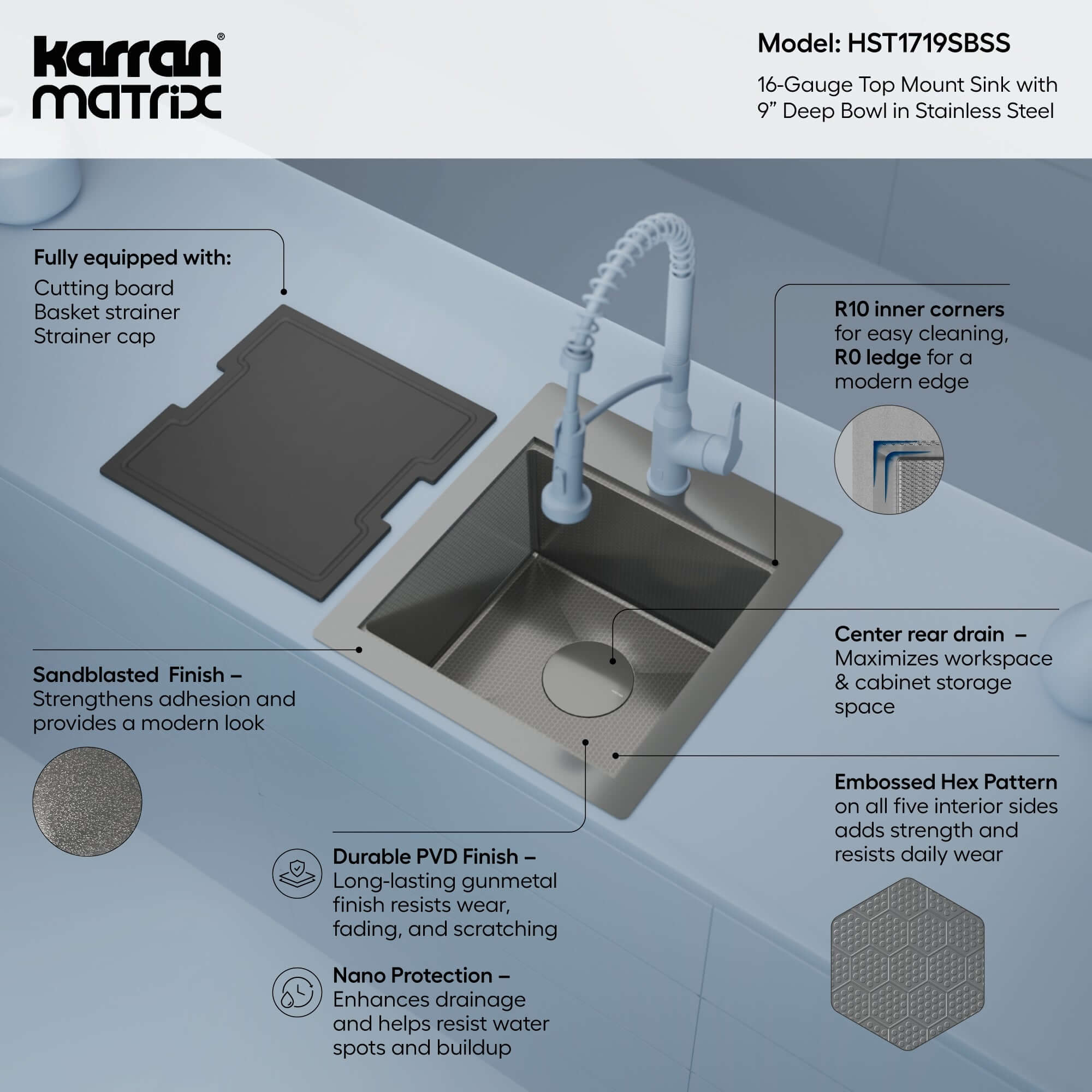 Alternate Image for Karran Matrix 17" Drop In/Topmount Stainless Steel Workstation Kitchen Sink with Accessories, 16 Gauge, HST1719SBSS