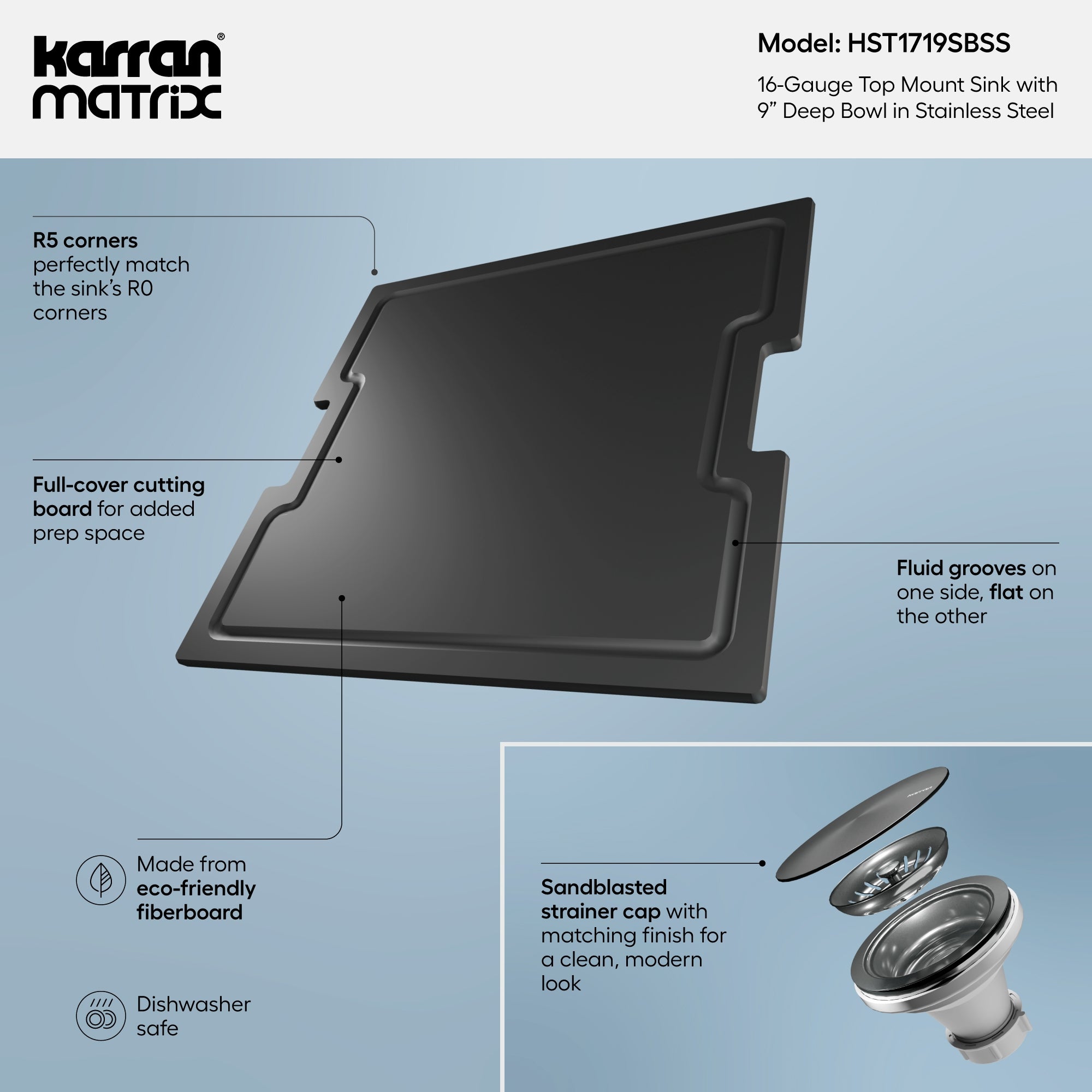 Alternate Image for Karran Matrix 17" Drop In/Topmount Stainless Steel Workstation Kitchen Sink with Accessories, 16 Gauge, HST1719SBSS