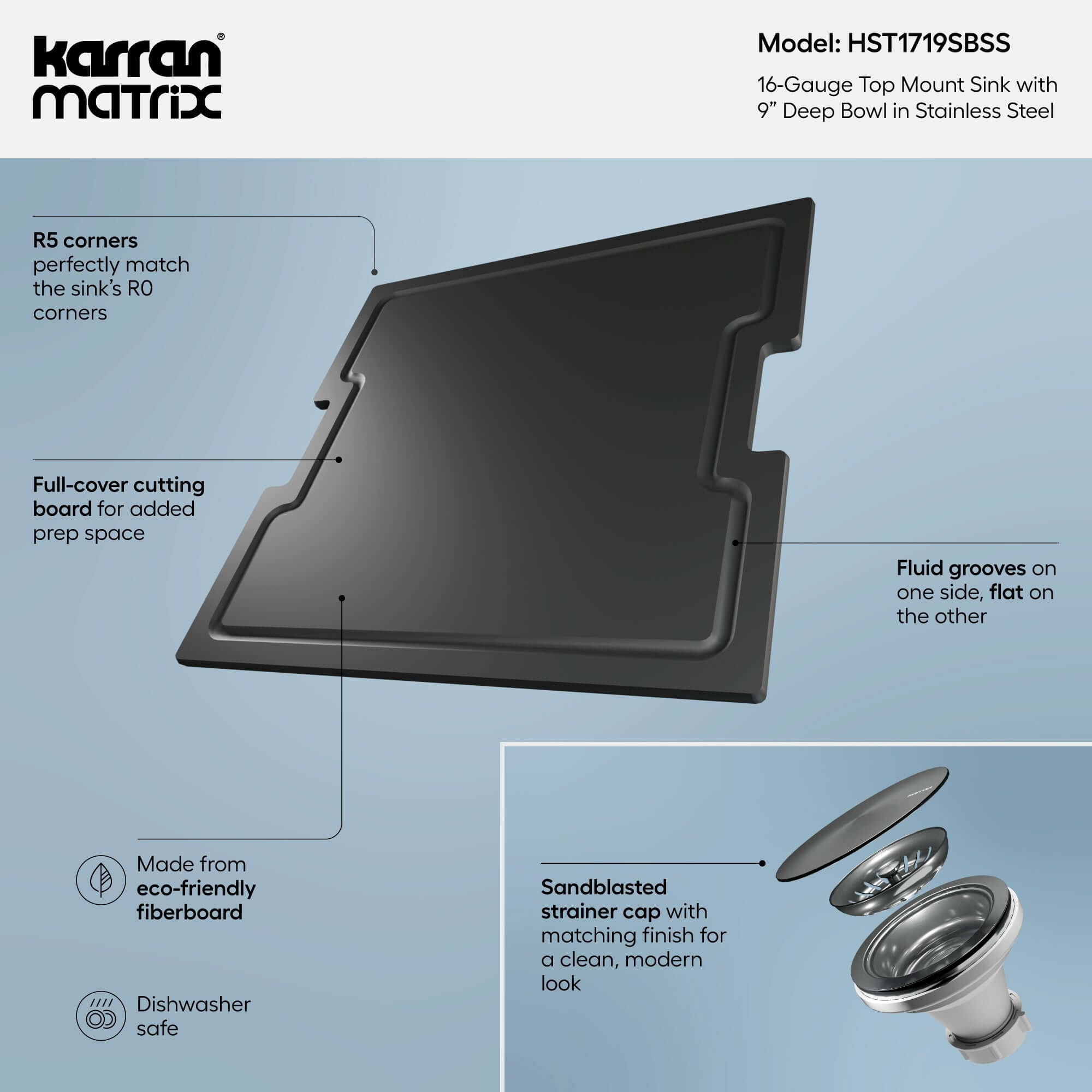 Alternate Image for Karran Matrix 17" Drop In/Topmount Stainless Steel Workstation Kitchen Sink with Accessories, 16 Gauge, HST1719SBSS