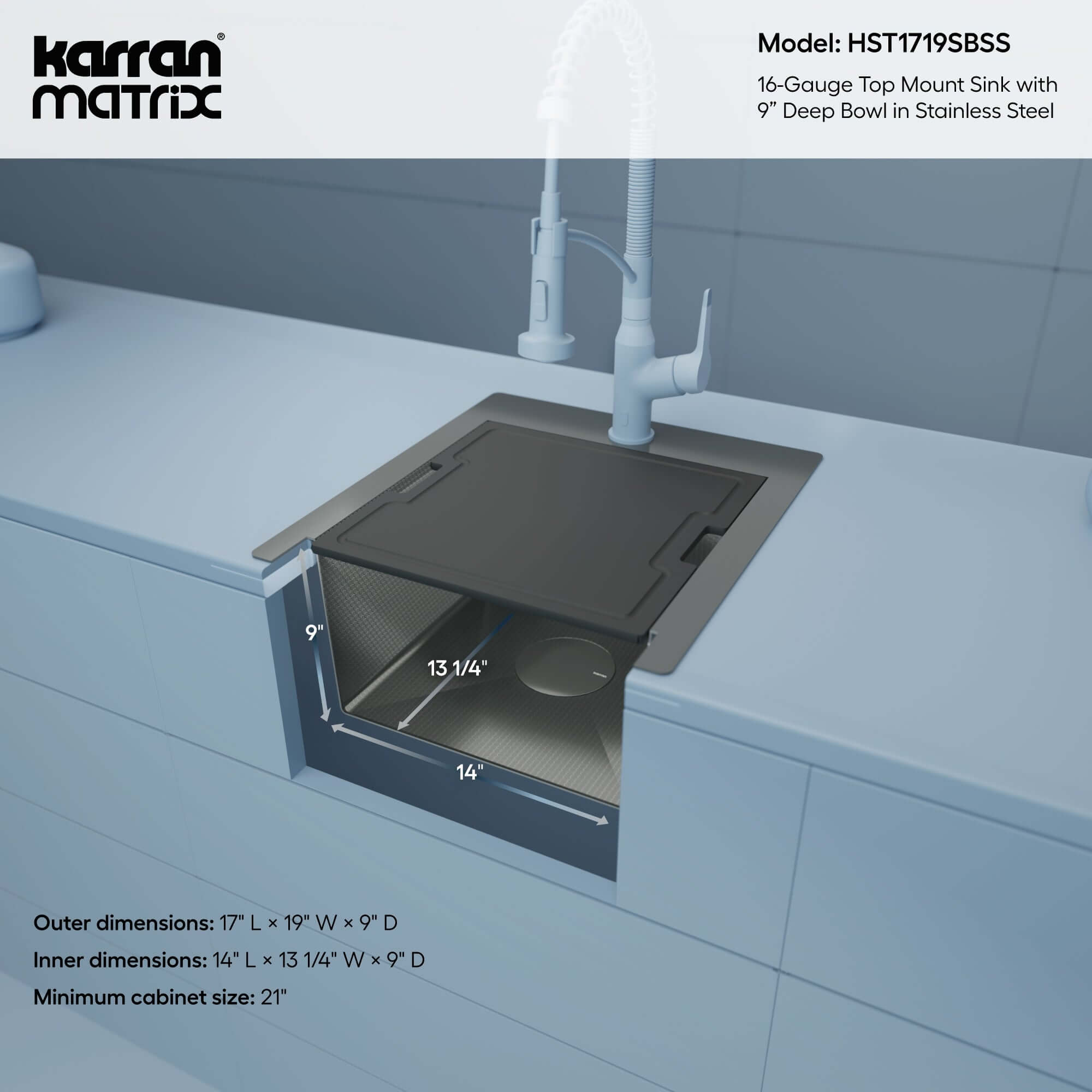 Alternate Image for Karran Matrix 17" Drop In/Topmount Stainless Steel Workstation Kitchen Sink with Accessories, 16 Gauge, HST1719SBSS