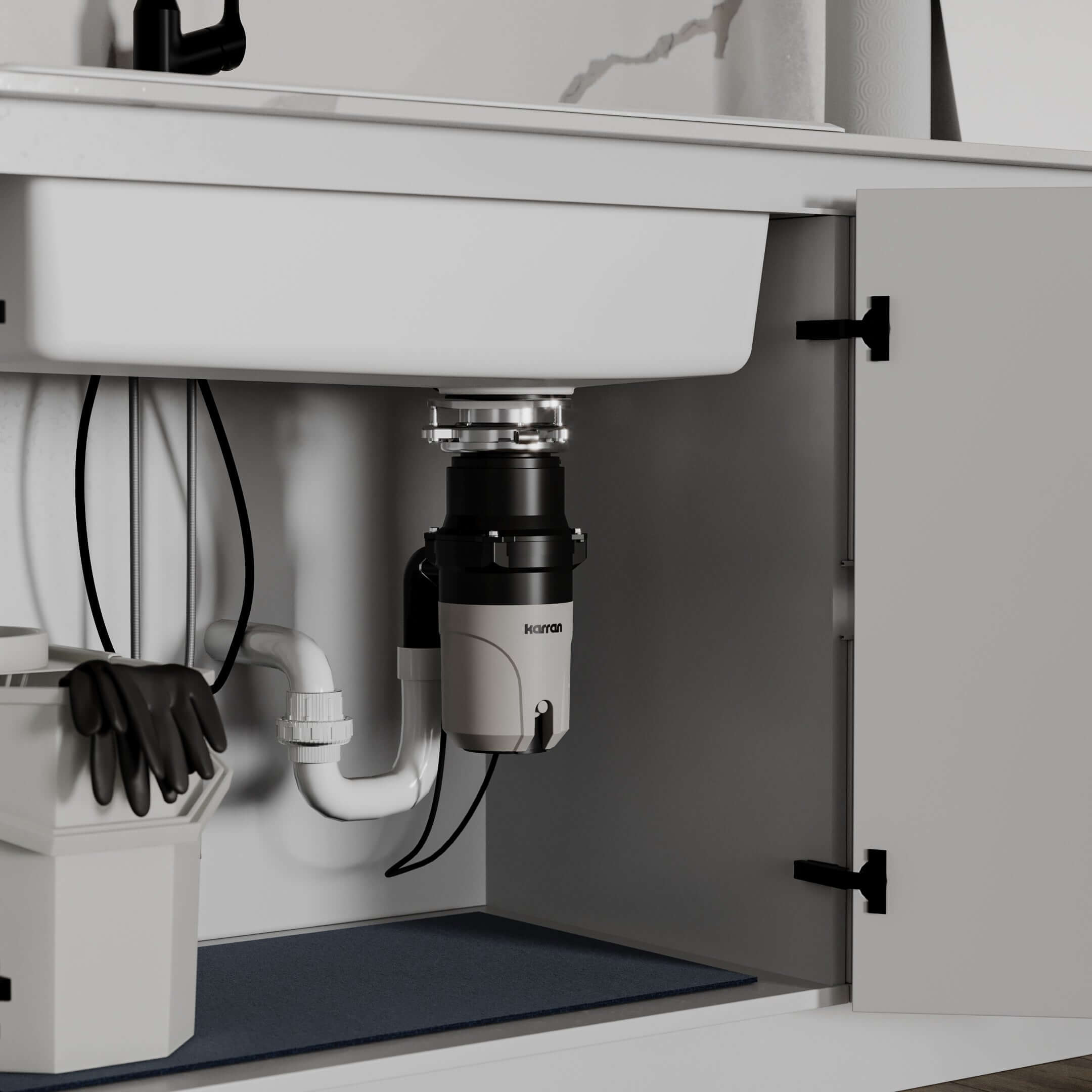 Alternate Image for Karran 1/3 HP Continuous Feed Garbage Disposal for Kitchen Sinks with Power Cord and Accessories Included, Stainless Steel, Black and Grey, KGD230