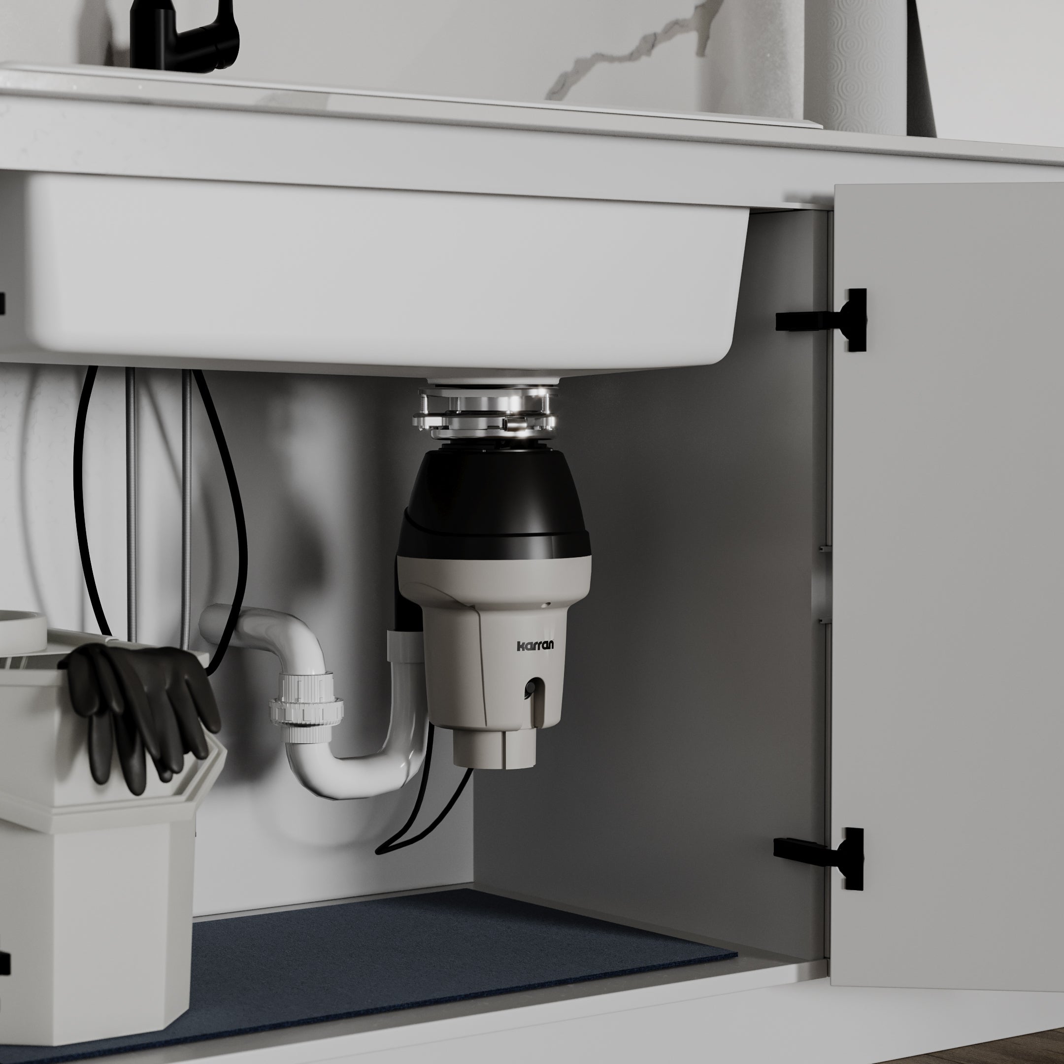 Alternate Image for Karran 1/2 HP Continuous Feed Garbage Disposal for Kitchen Sinks with Power Cord and Accessories Included, Stainless Steel, Black and Grey, KGD250