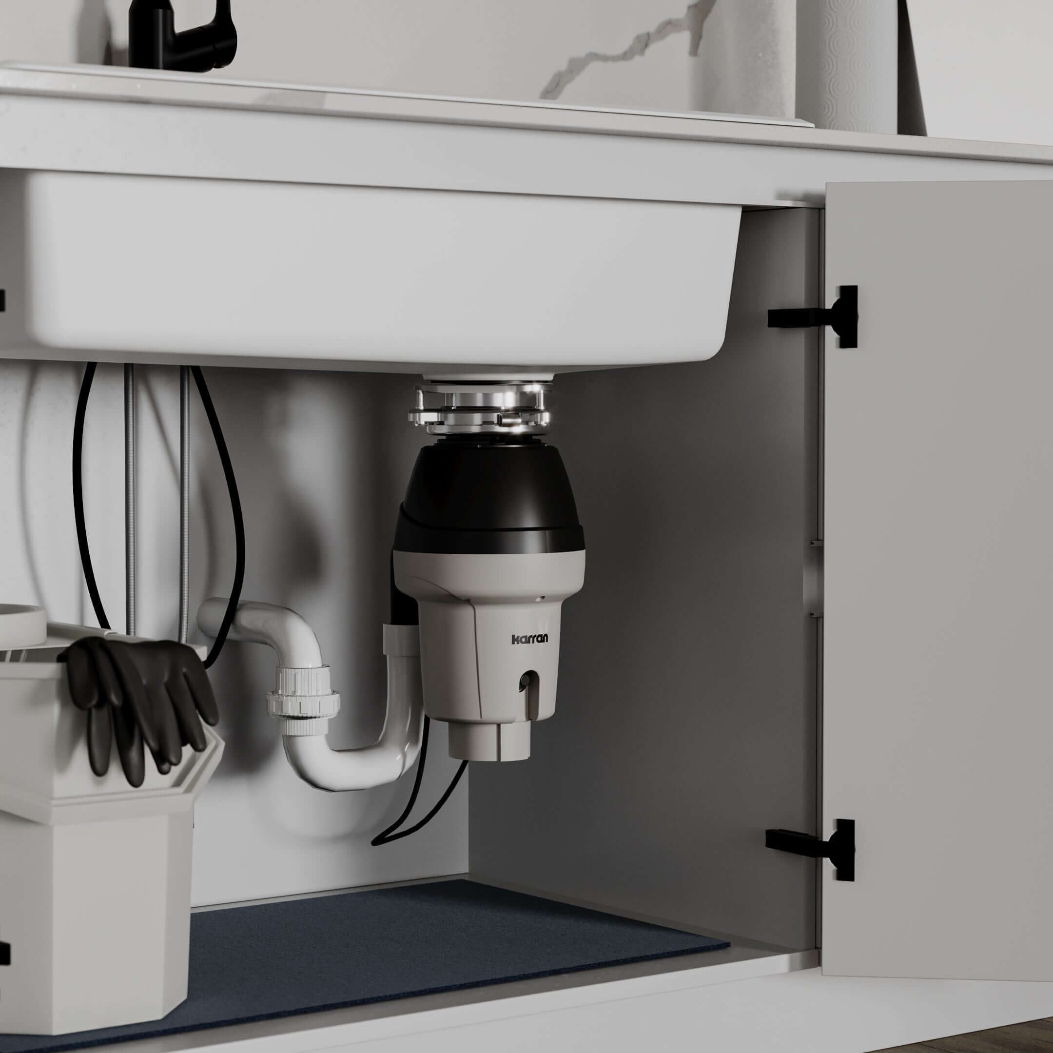 Alternate Image for Karran 1/2 HP Continuous Feed Garbage Disposal for Kitchen Sinks with Power Cord and Accessories Included, Stainless Steel, Black and Grey, KGD250