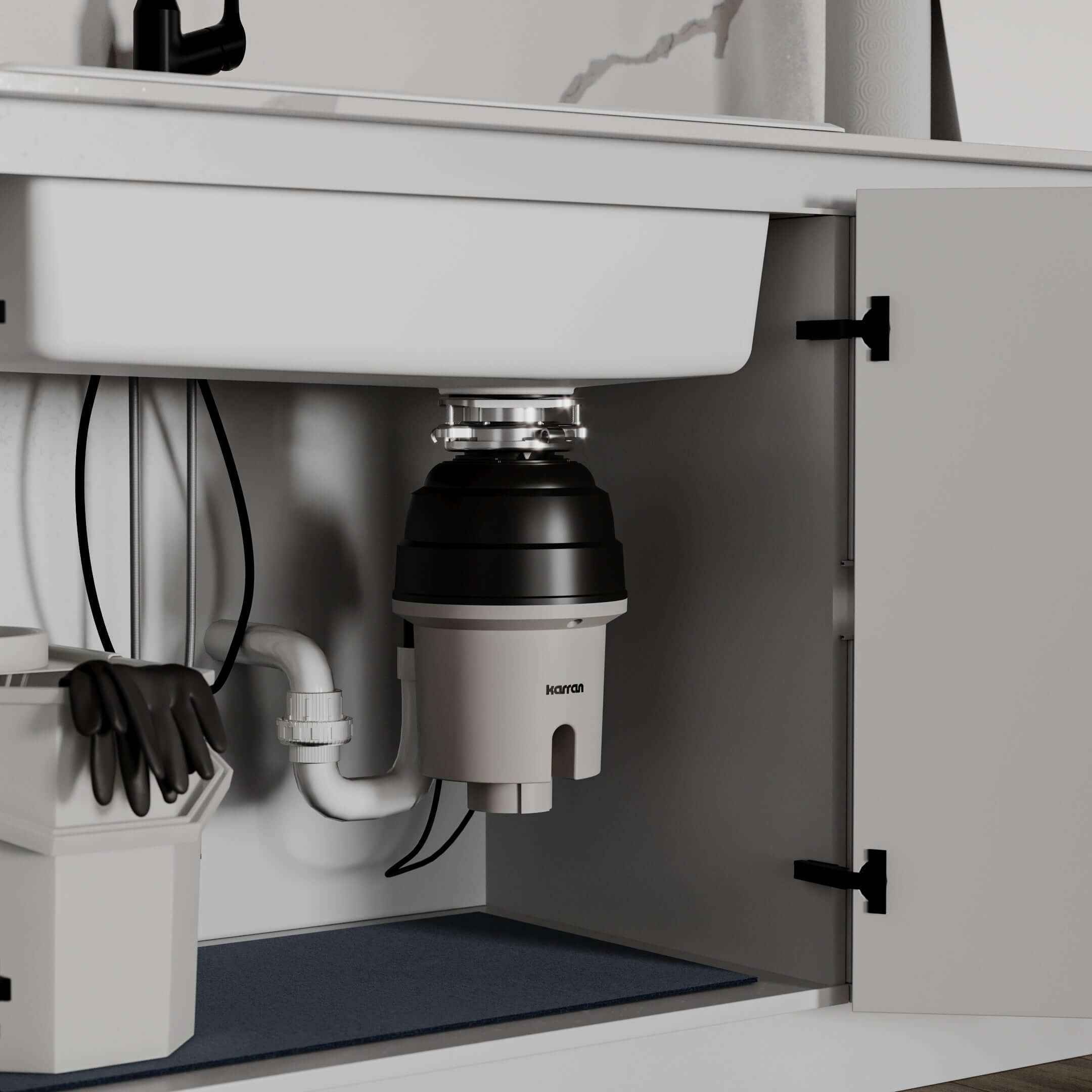 Alternate Image for Karran 3/4 HP Continuous Feed Garbage Disposal for Kitchen Sinks with Power Cord and Accessories Included, Stainless Steel, Black and Grey, KGD270