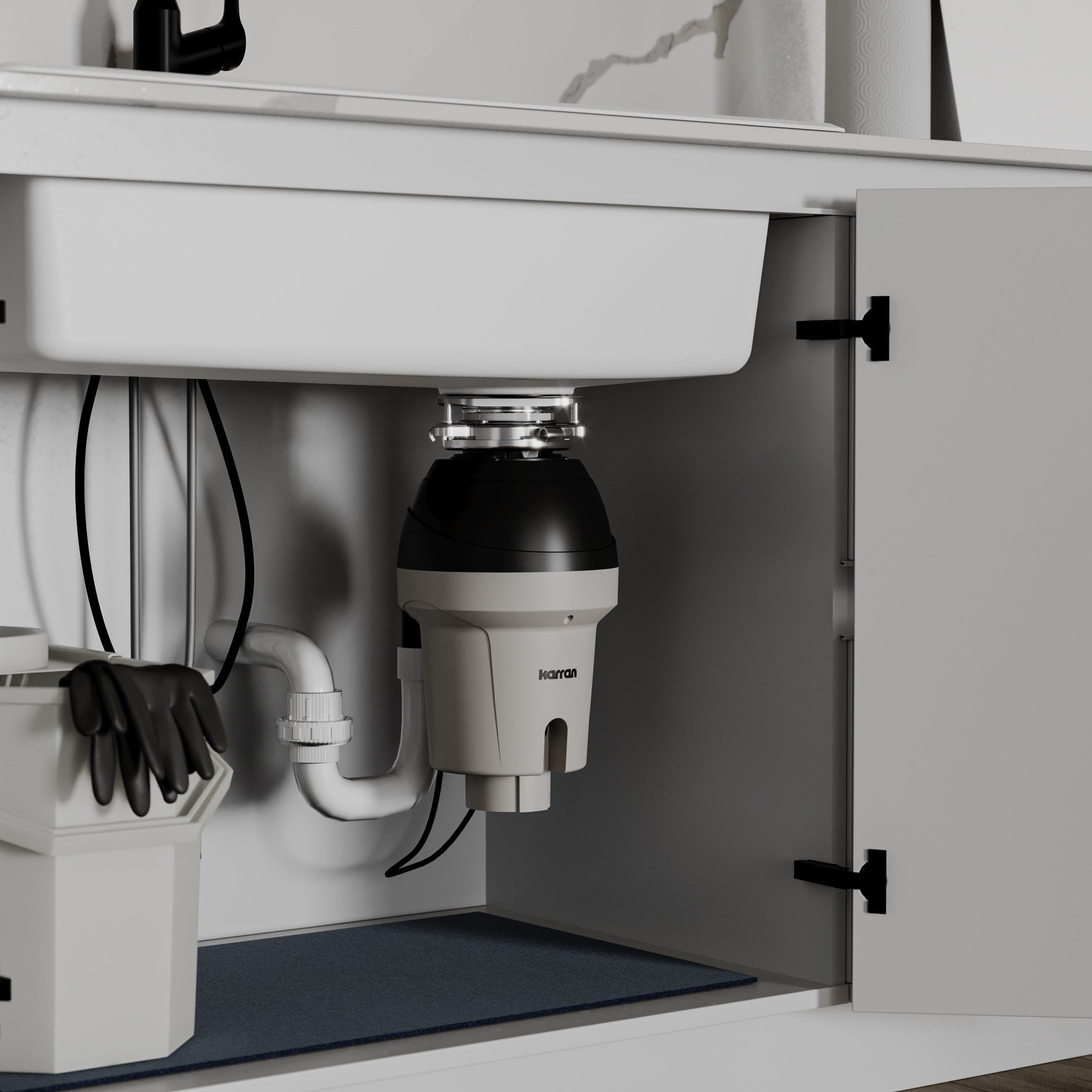 Alternate Image for Karran 1-1/4 HP Continuous Feed Garbage Disposal for Kitchen Sinks with Power Cord and Accessories included, Stainless Steel, Black and Grey, KGD290