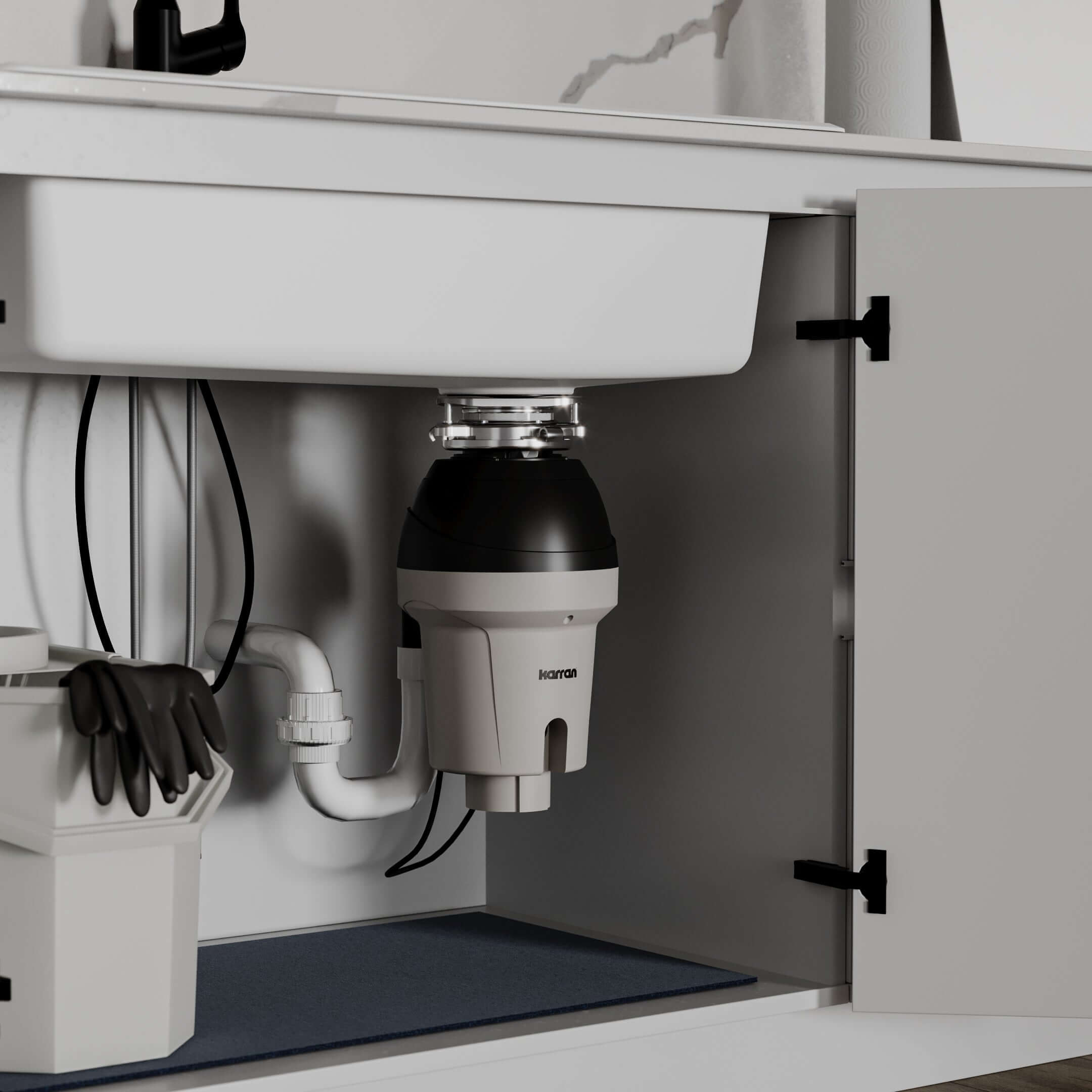 Alternate Image for Karran 1-1/4 HP Continuous Feed Garbage Disposal for Kitchen Sinks with Power Cord and Accessories included, Stainless Steel, Black and Grey, KGD290