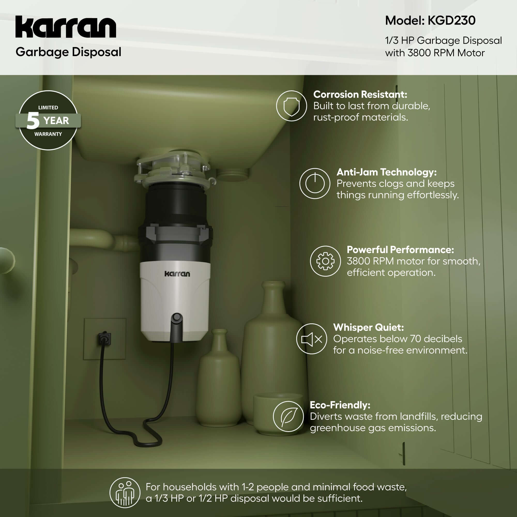 Alternate Image for Karran 1/3 HP Continuous Feed Garbage Disposal for Kitchen Sinks with Power Cord and Accessories Included, Stainless Steel, Black and Grey, KGD230