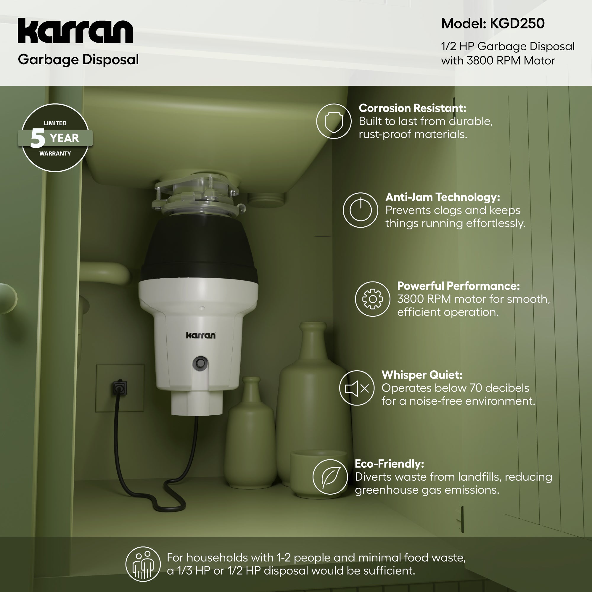 Alternate Image for Karran 1/2 HP Continuous Feed Garbage Disposal for Kitchen Sinks with Power Cord and Accessories Included, Stainless Steel, Black and Grey, KGD250